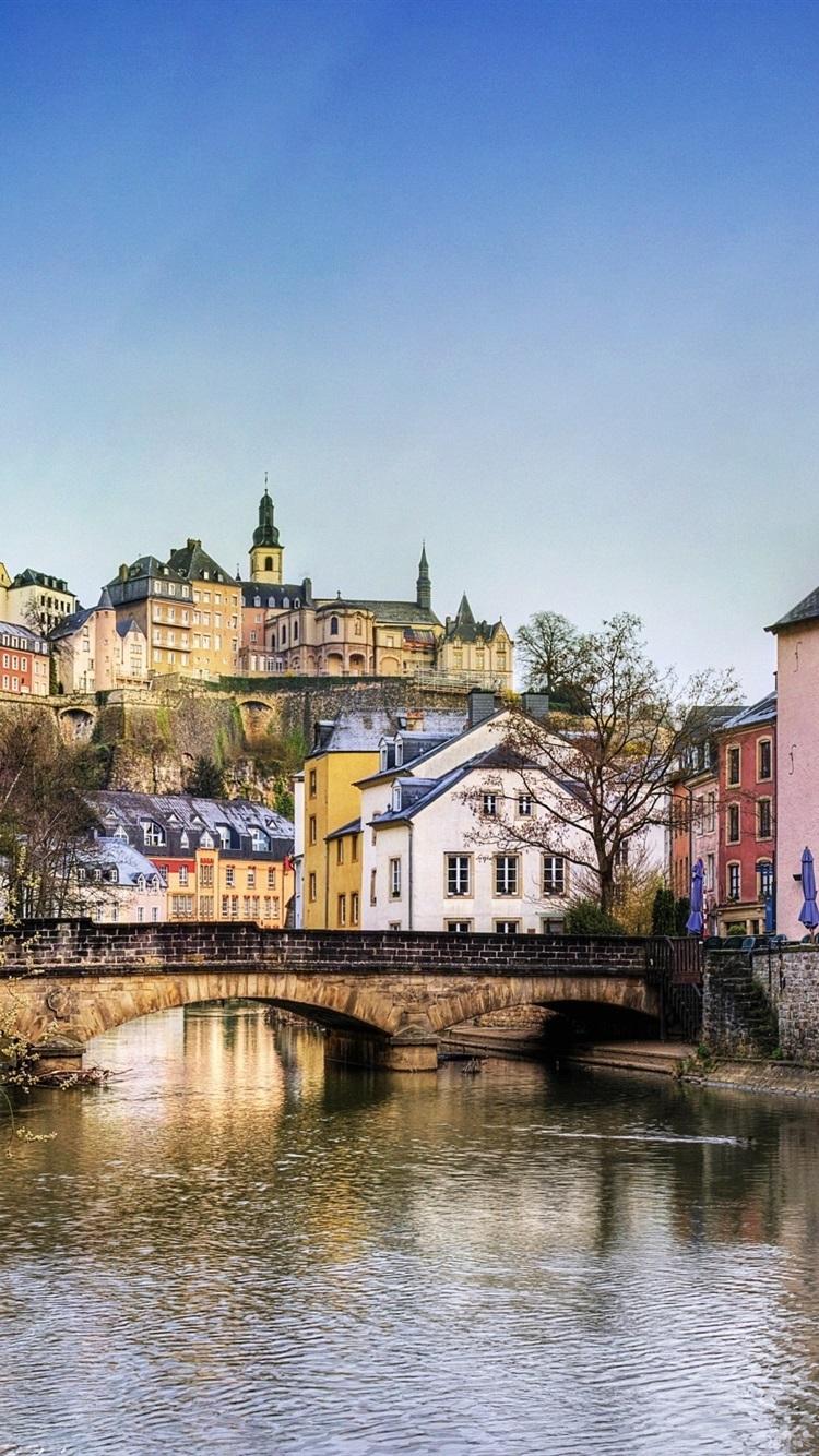 750x1334 Wallpaper Luxembourg, houses, bridge, river, trees 2560x1600 HD