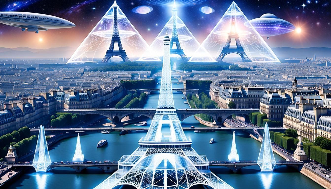 1344x768 Galactic Federation of Worlds + High above Eiffel Tower, Wide City view of Paris France, airship view of pleiadian, arcturian and sirian spacecraft landing