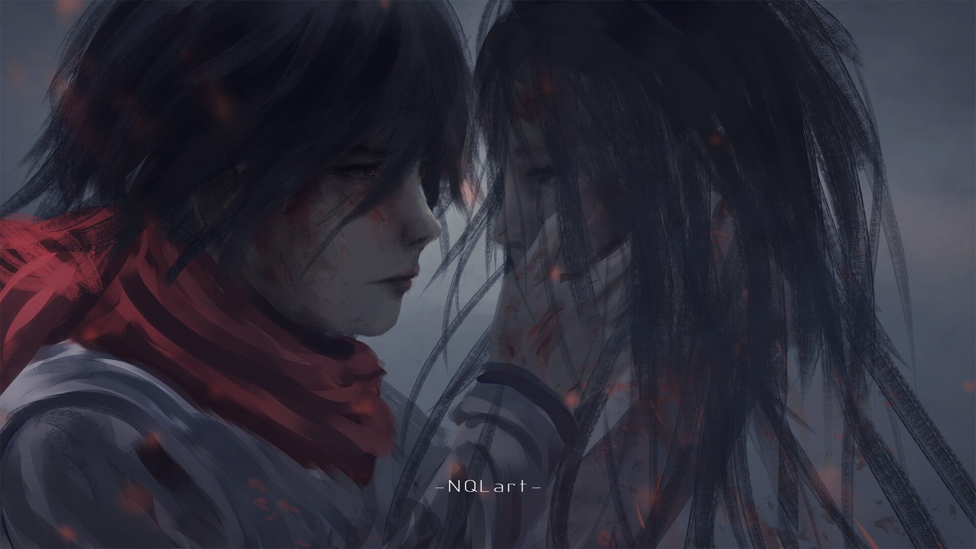 1920x1080 Shingeki no Kyojin, NQLart, Mikasa Ackerman, Eren Jeager, HD Wallpaper