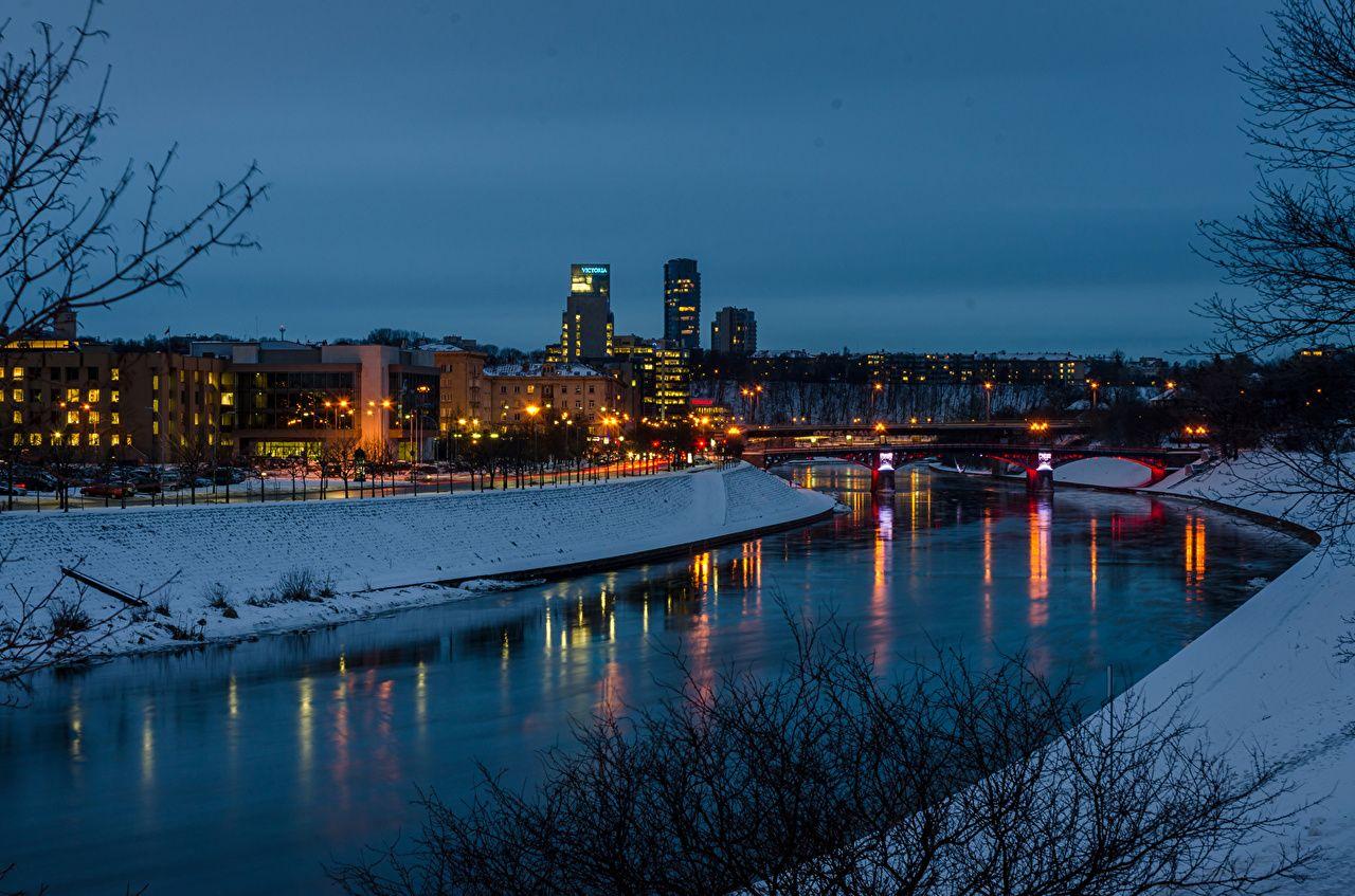 1280x847 Image Vilnius Lithuania Canal Winter Bridges Snow Rivers night time