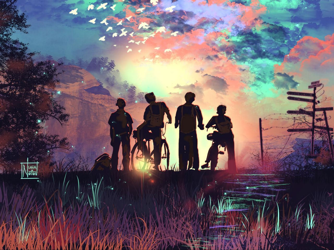 1280x960 Download wallpaper 1280x960 friends, children, silhouettes, bicycles, art standard 4:3 HD background