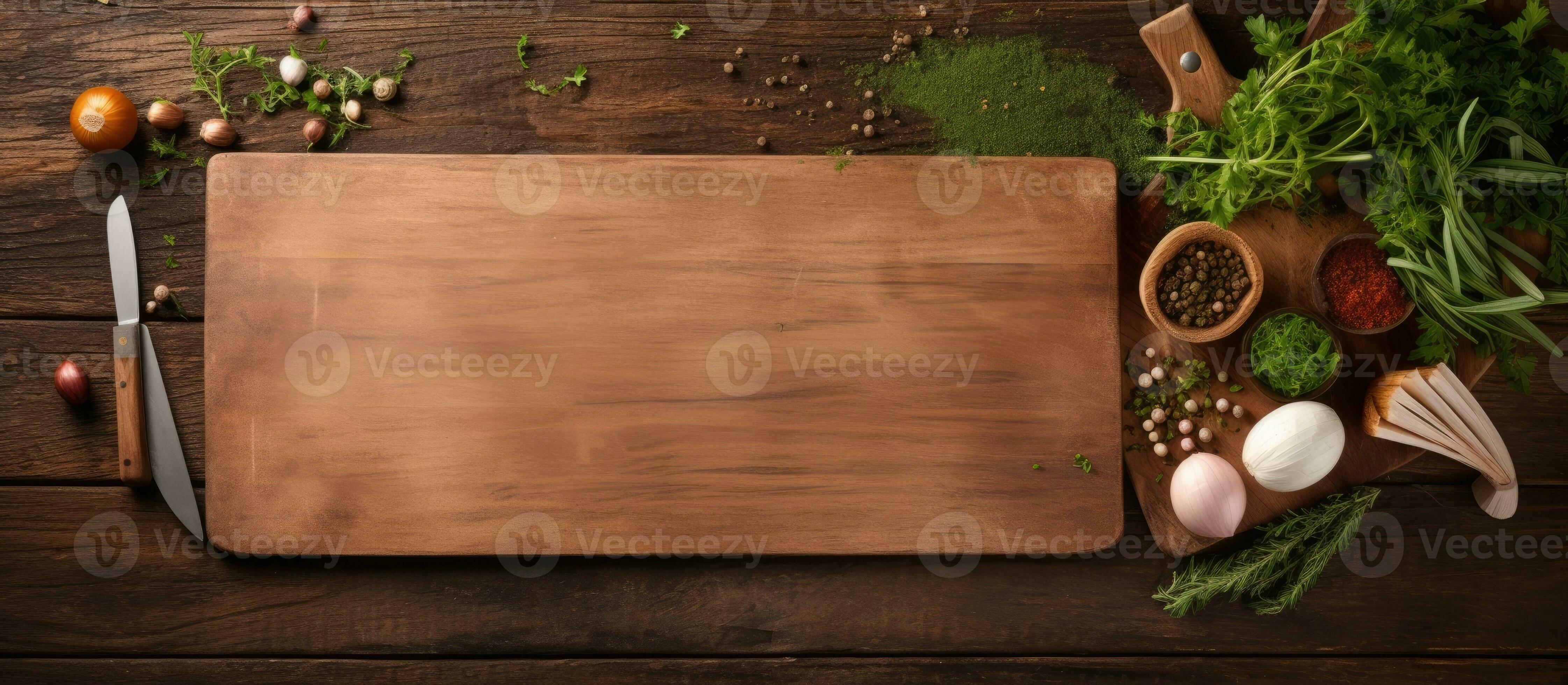 4486x1960 Old wood cutting board mockup with a vintage chopping board background, a rustic napkin, and