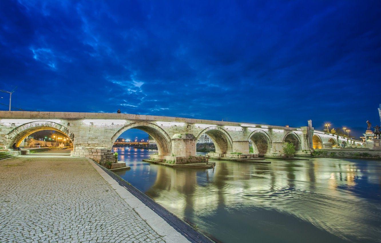 1332x850 Wallpaper the sky, night, bridge, lights, river, Macedonia, Skopje