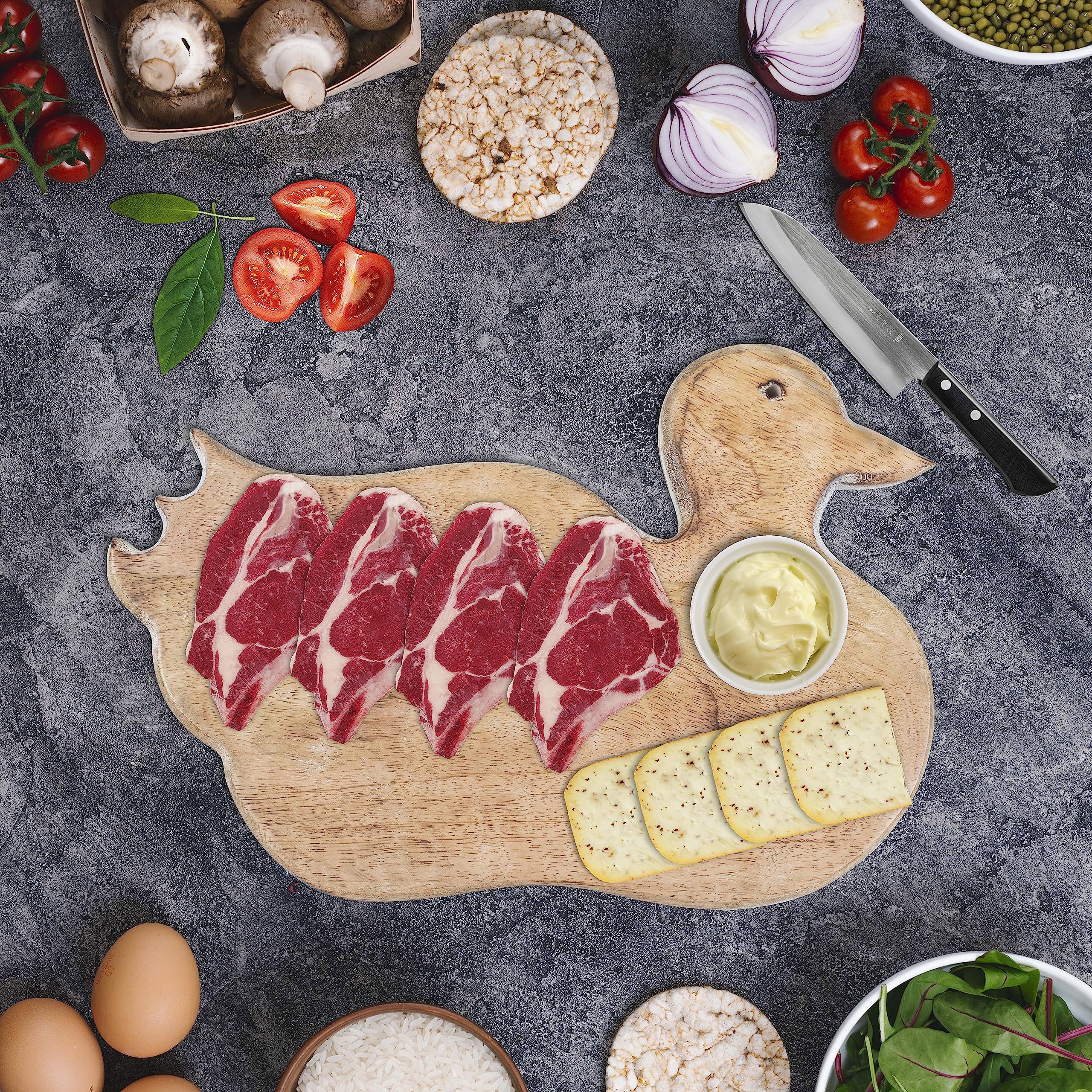 2560x2560 Buy HindCraft Vegetable Chopper Wooden Chopping Board for Kitchen Duck Shape Wood Cutting Board with Handle for Vegetable Fruit Cutter Meat Bread Serving, Mango Wood, 13X9X1 INCH, Light Brown Online