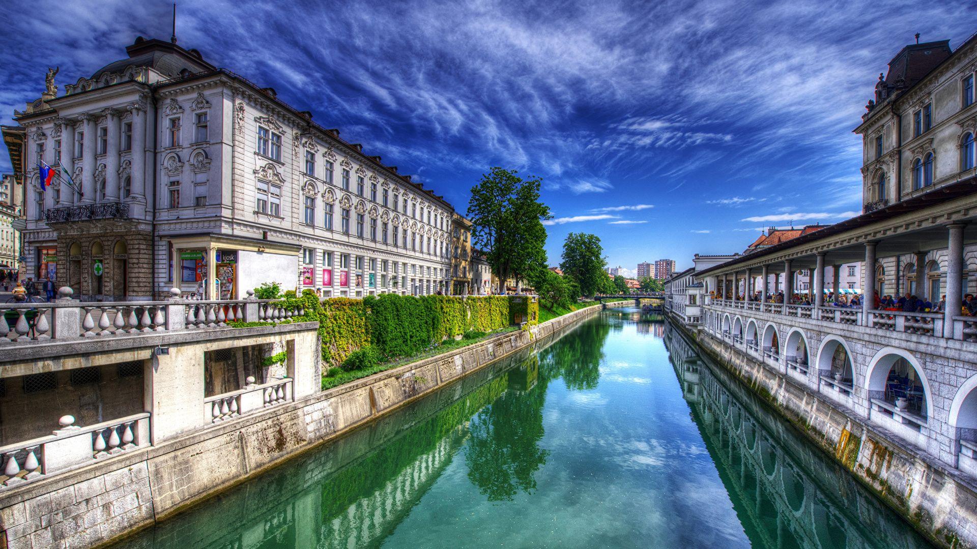 1920x1080 Wallpaper Ljubljana Slovenia Canal Sky Cities Houses 1920x1080