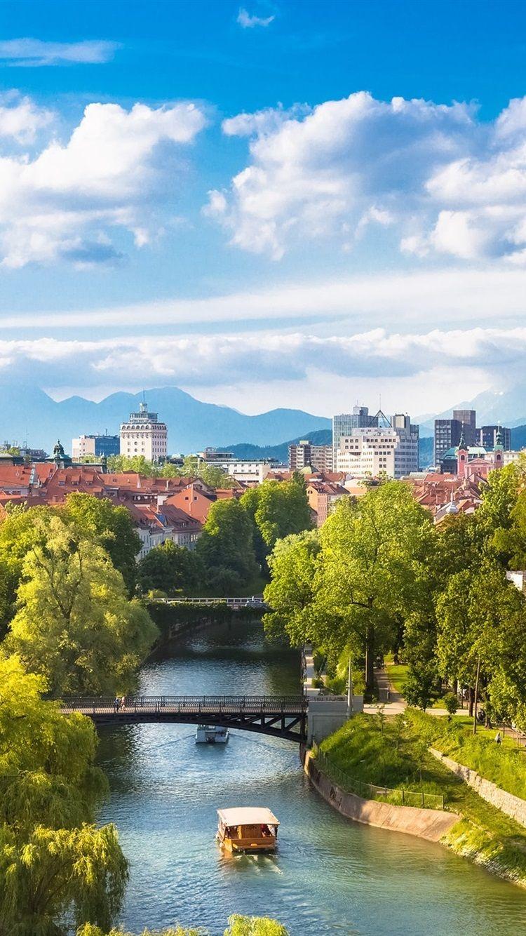 750x1334 Wallpaper Beautiful Ljubljana city in Slovenia, houses, river