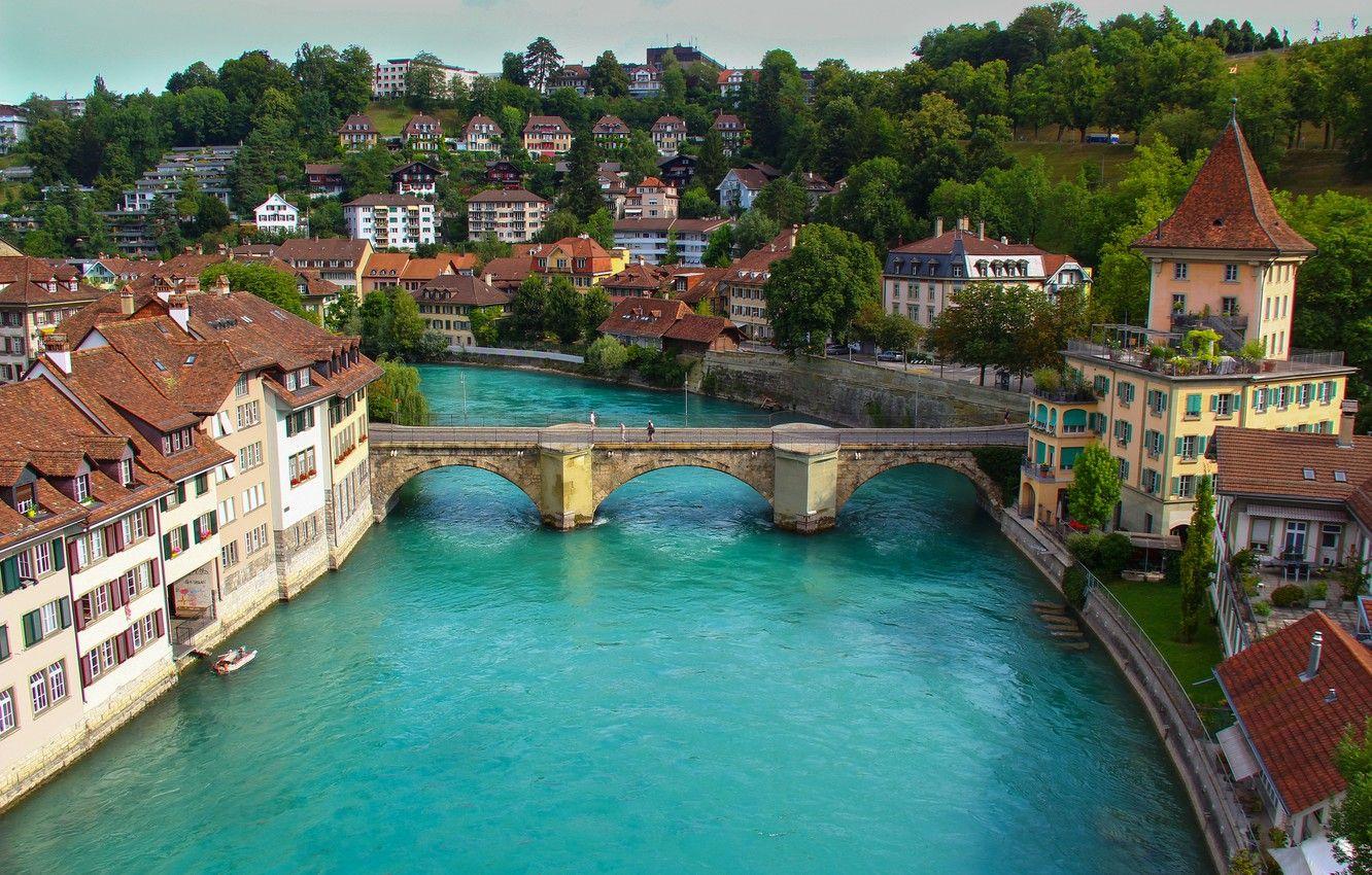 1332x850 Wallpaper the sky, landscape, mountains, bridge, river, home