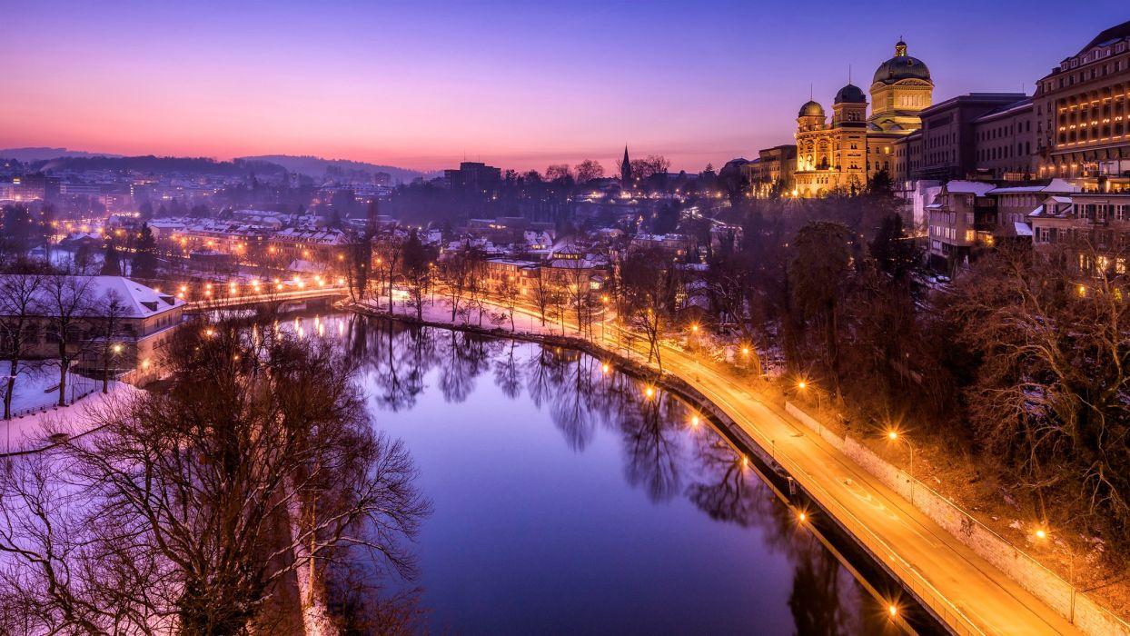 1244x700 Switzerland Roads Pond Night Street lights Bern Cities wallpaper