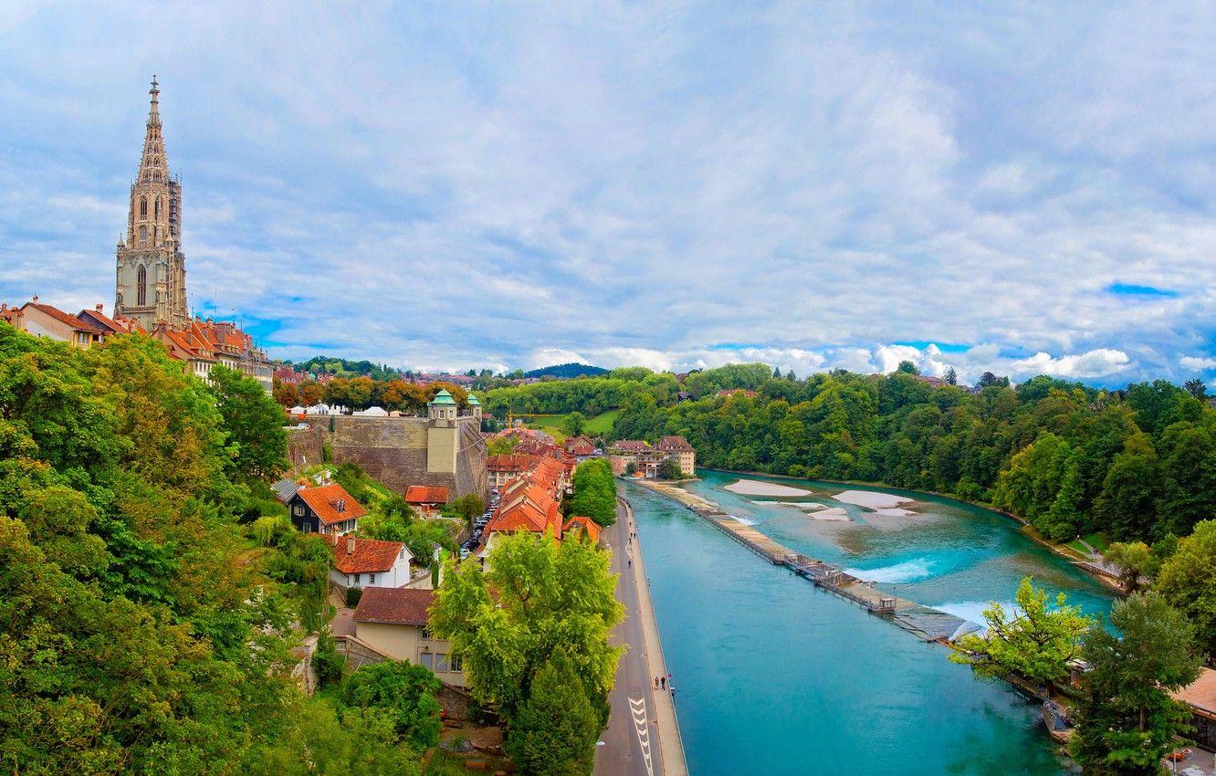 1332x850 Wallpaper Bern, Switzerland, river, house, trees, cloudy sky