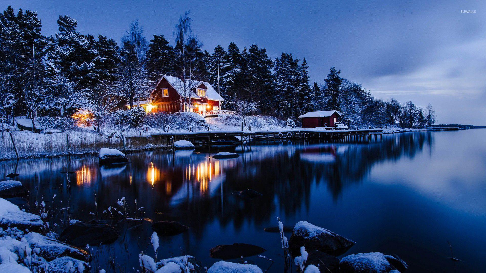 1920x1080 Lakeside winter cabin wallpaper wallpaper