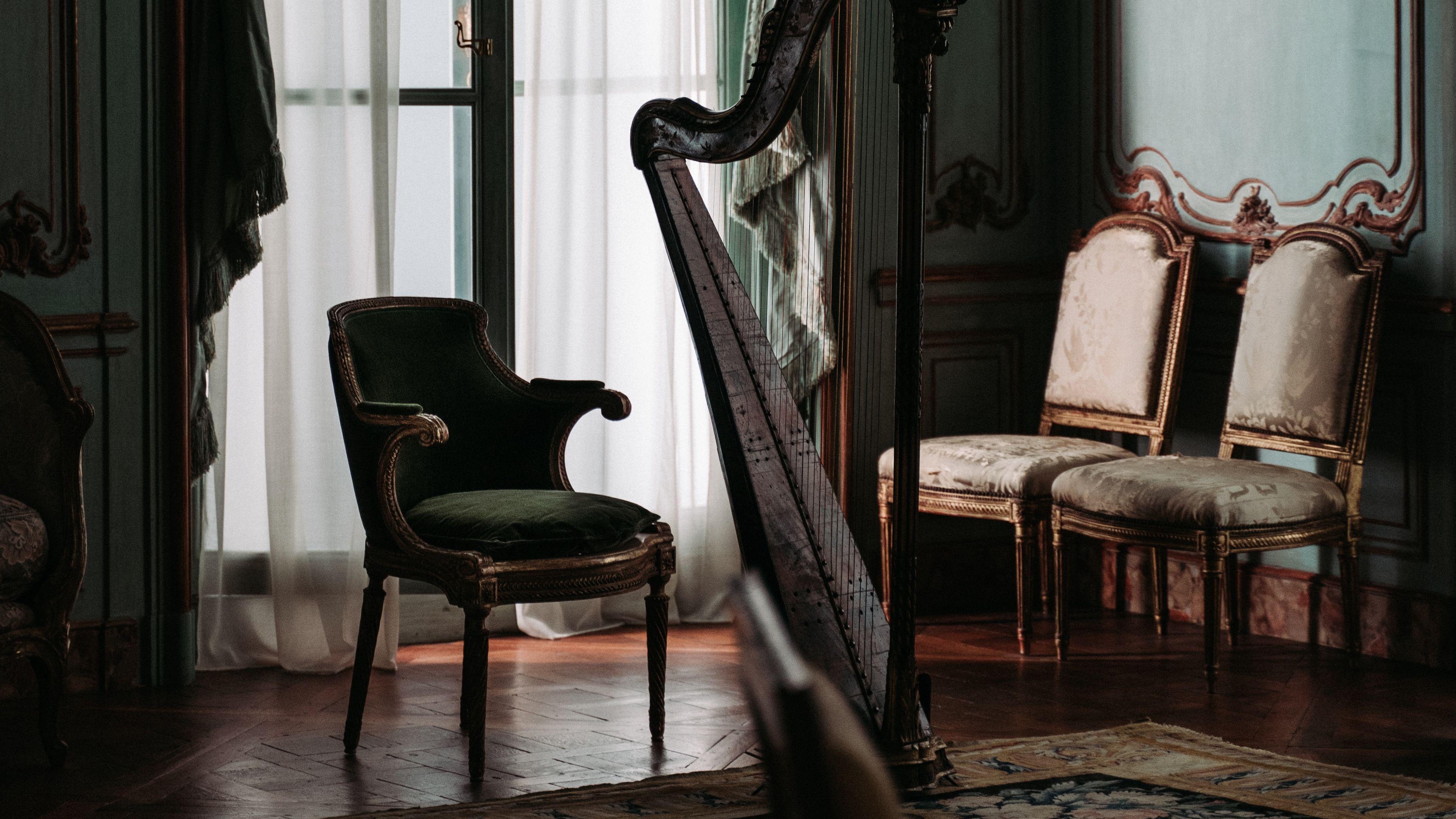 3840x2160 Download wallpaper 3840x2160 room, interior, furniture, harp