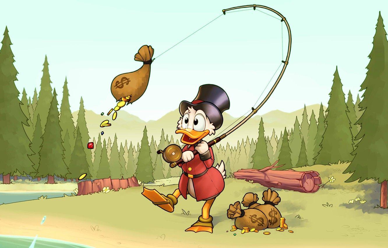 1332x850 Wallpaper forest, gold, fishing, coins, Disney, rod, Scrooge
