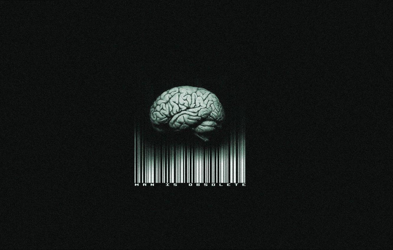 1332x850 Wallpaper barcode, brain, black background, man is obsolete image