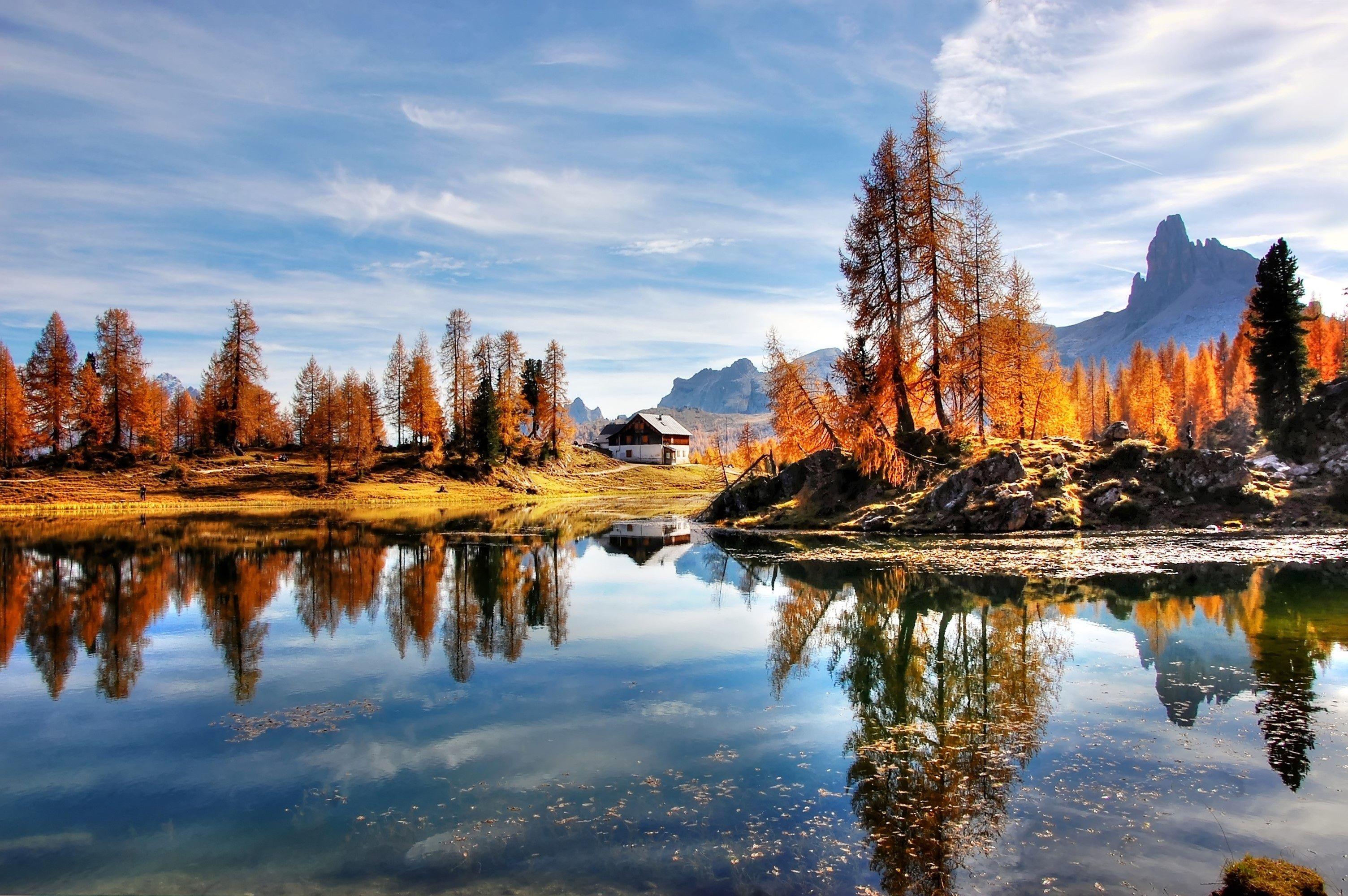 3008x2000 Desktop Wallpaper Alps Italy Dolomites Nature Autumn Lake 3008x2000