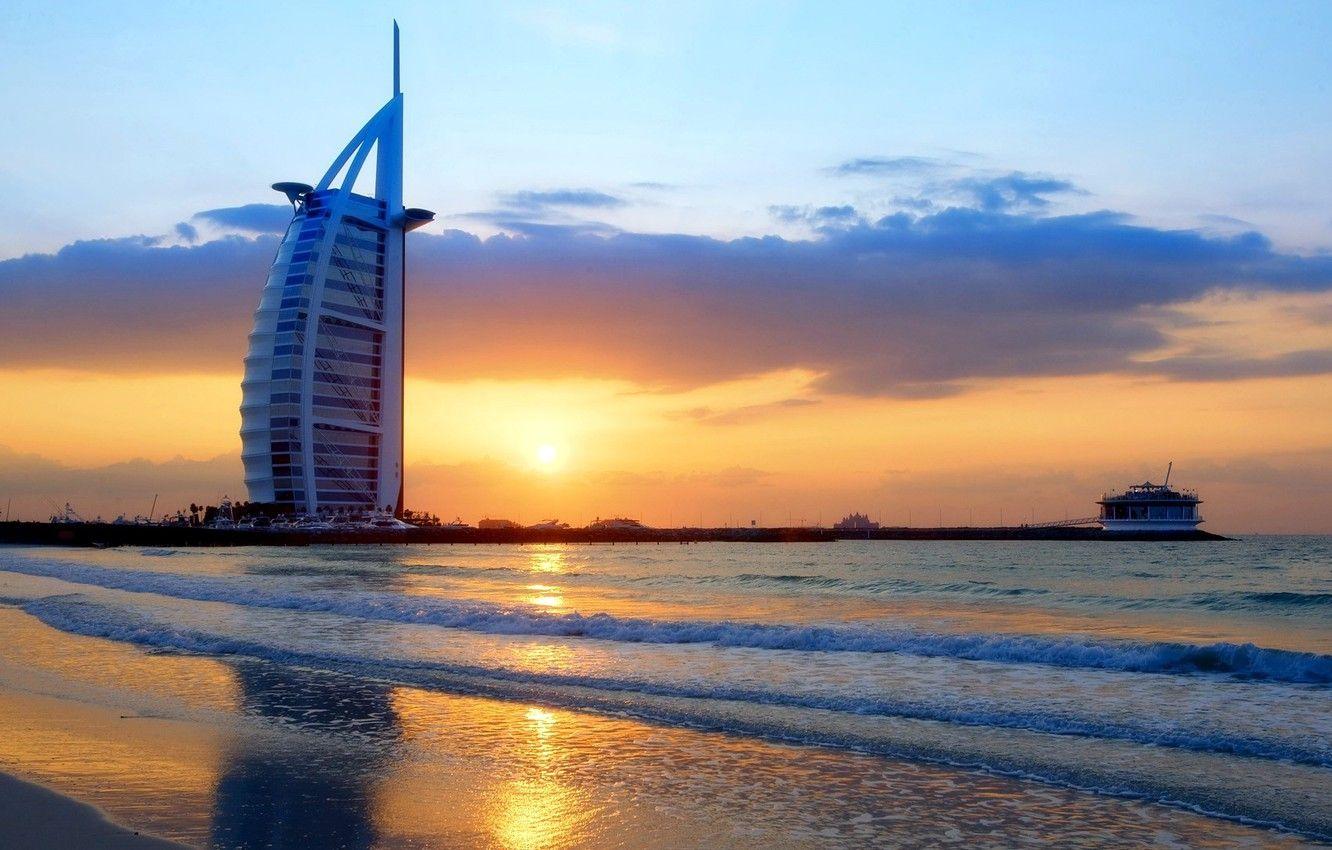 1332x850 Wallpaper city, waves, Dubai, twilight, sky, sea, landscape, sunset, skyscraper, clouds, evening, sun, Burj Al Arab, architecture, building, UAE image for desktop, section город