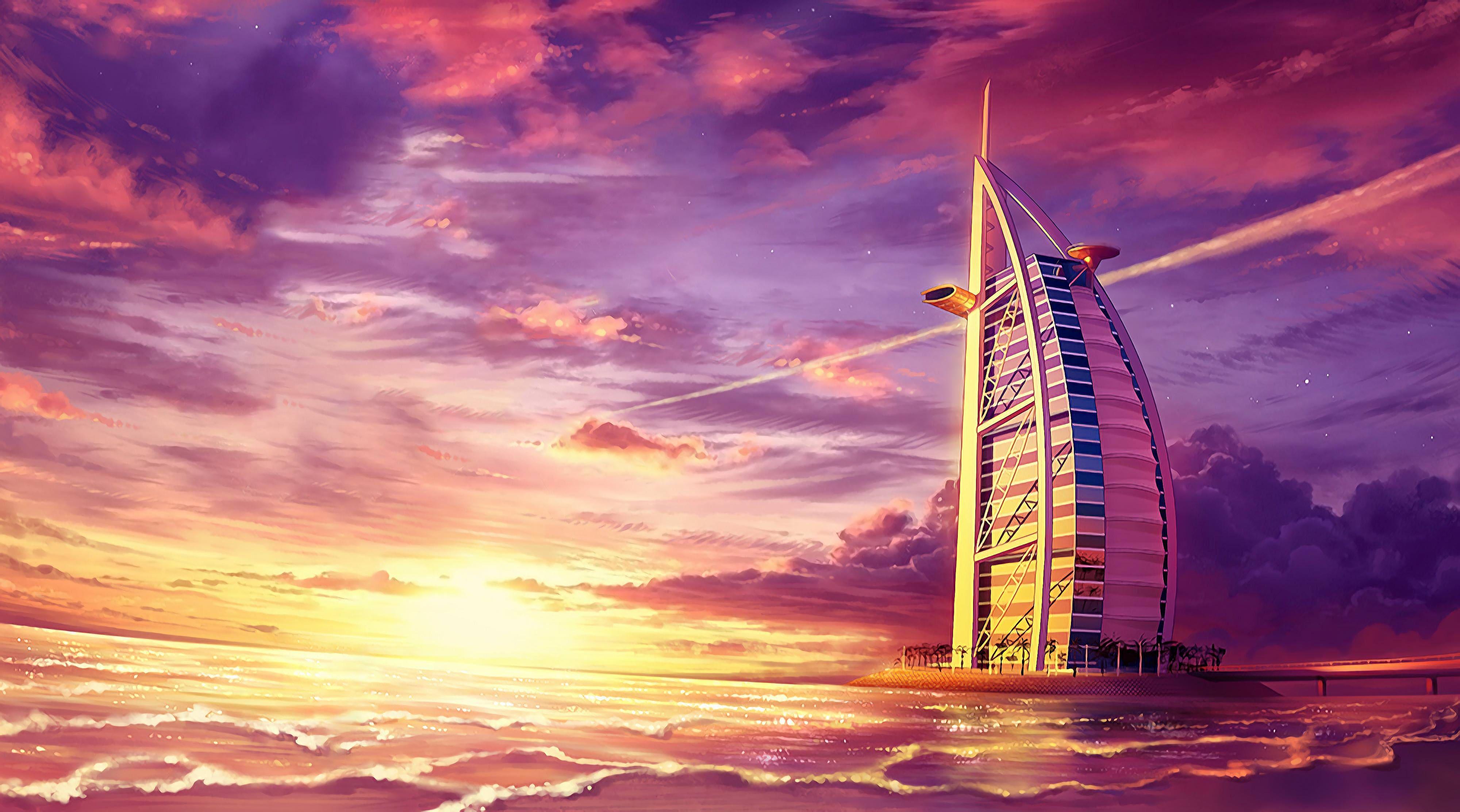 4000x2224 Burge Al Arab, Burj Al Arab, Sunset, Seascape HD wallpaper