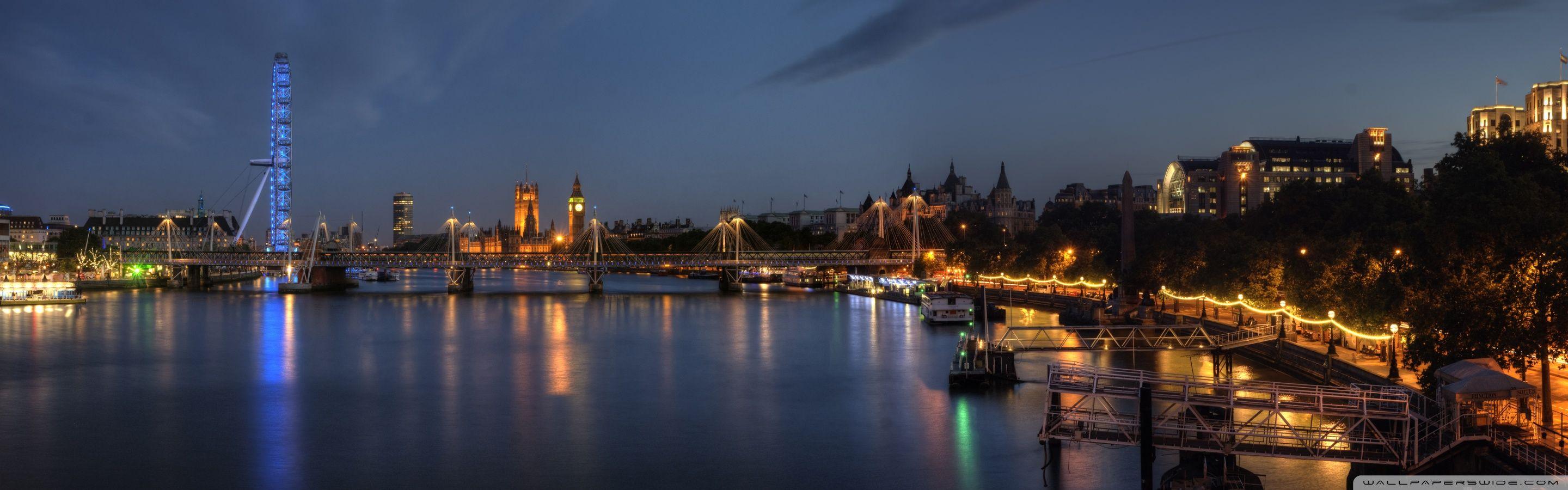 2880x900 London At Night Panorama Ultra HD Desktop Background Wallpaper
