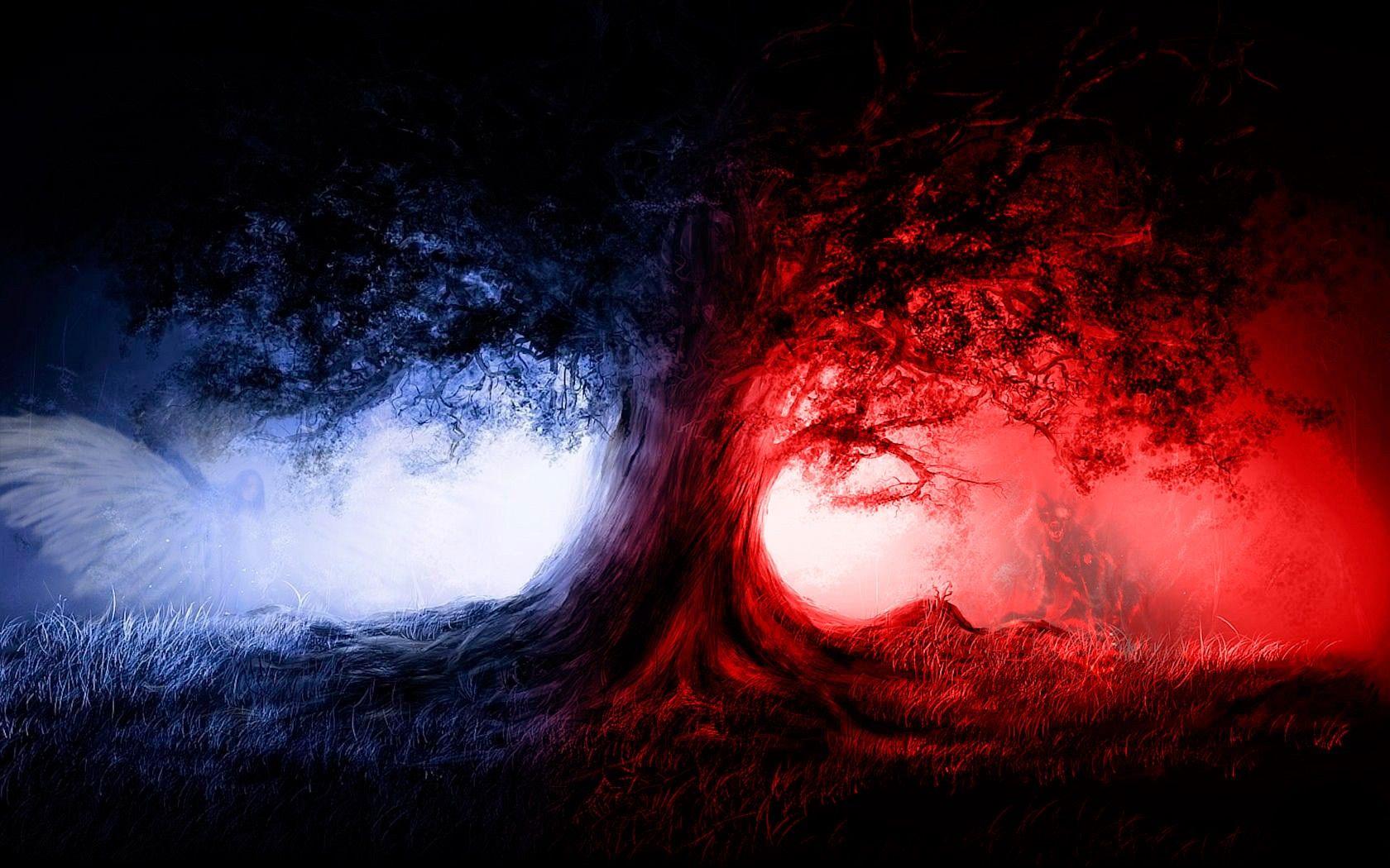 1680x1050 wolves, angel, Red and Blue wallpaper