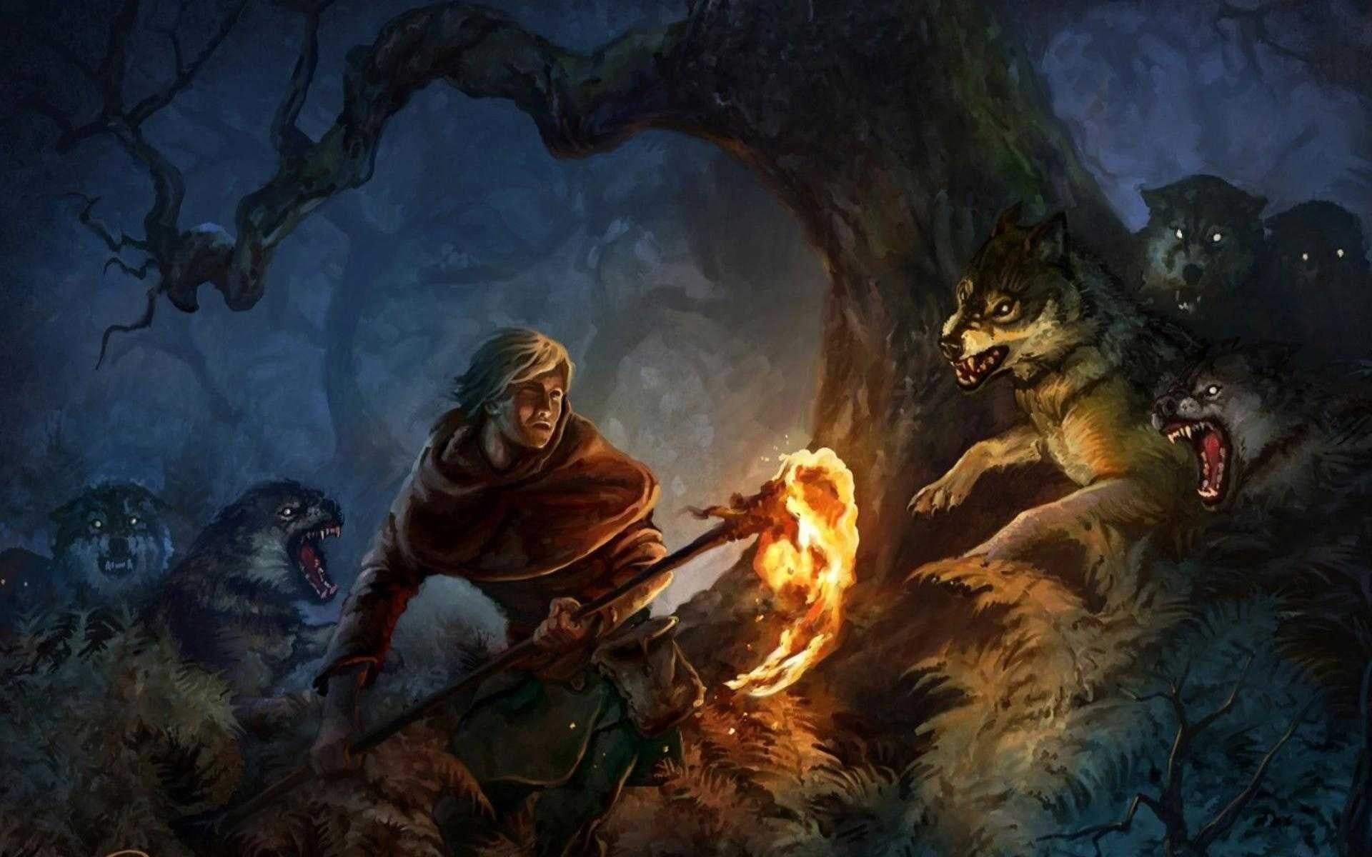 1920x1200 Man holding fire while throwing on wolves wallpaper, fantasy art