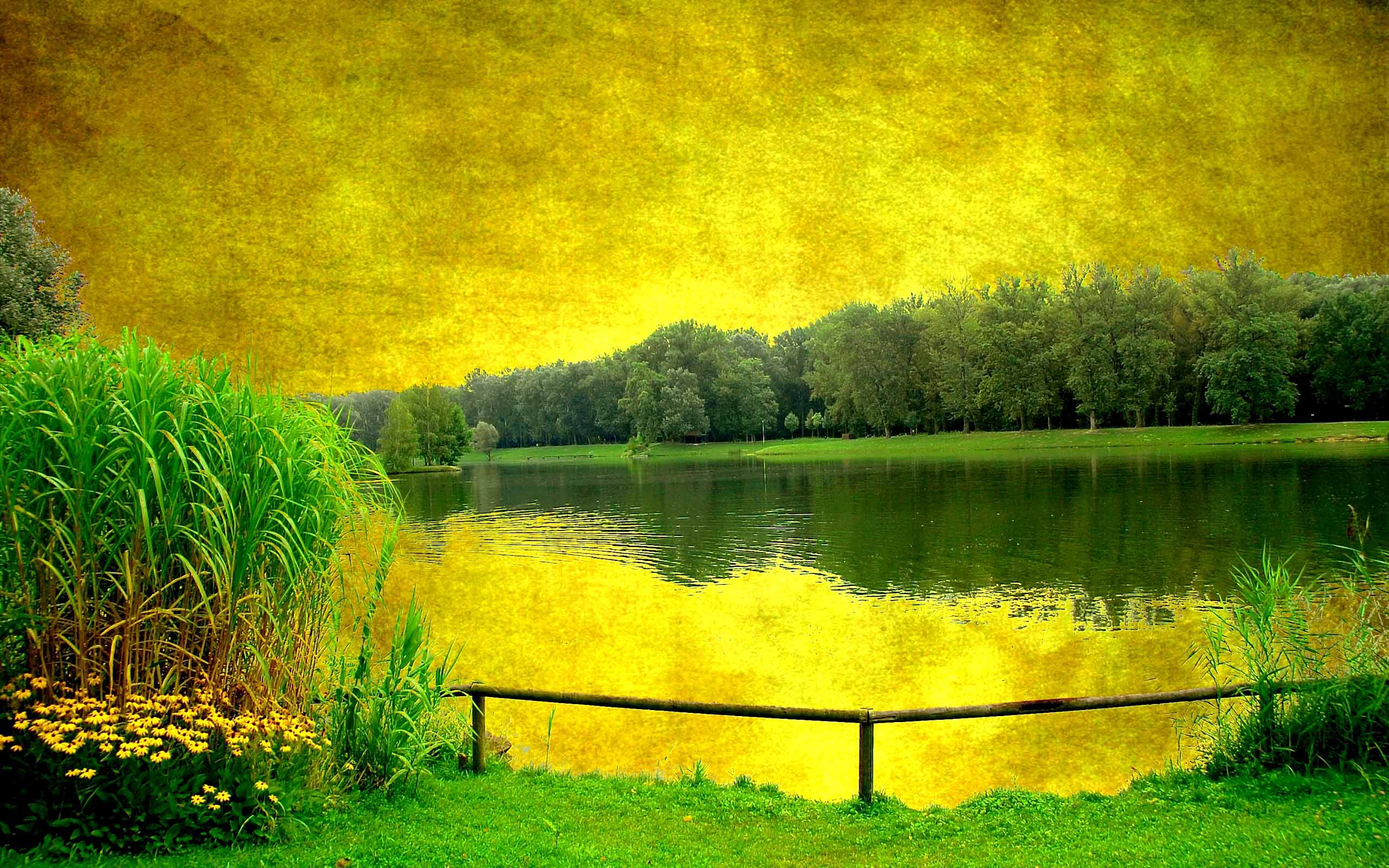 2560x1600 Yellow Sky Green Scenery Lake wallpaper. Yellow Sky Green