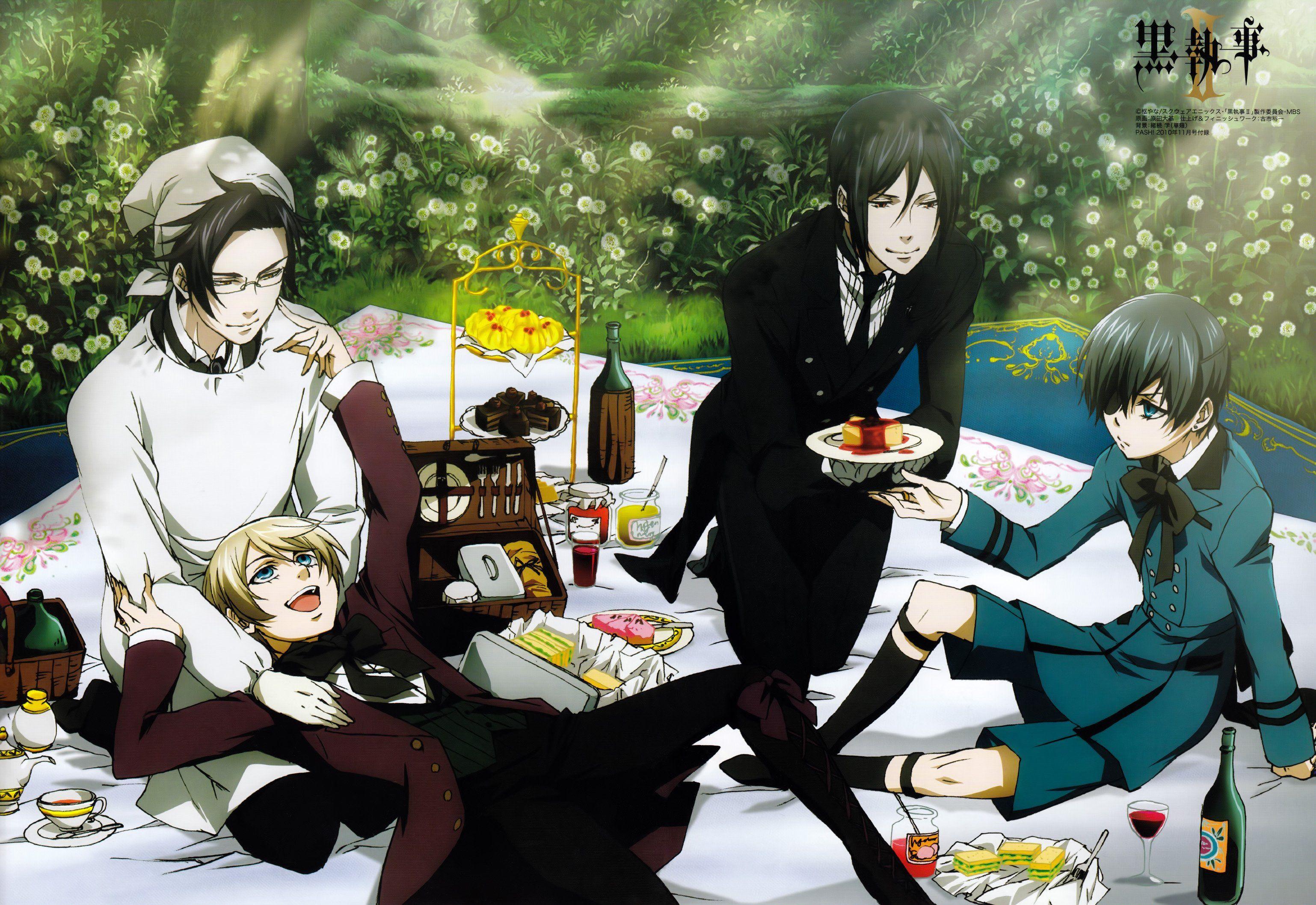 3076x2116 Brunettes blondes food outdoors Kuroshitsuji Ciel Phantomhive Sebastian Michaelis wine Alois Trancy anime anime boys Claude Faustus aprons picnic cakes wallpaperx2116