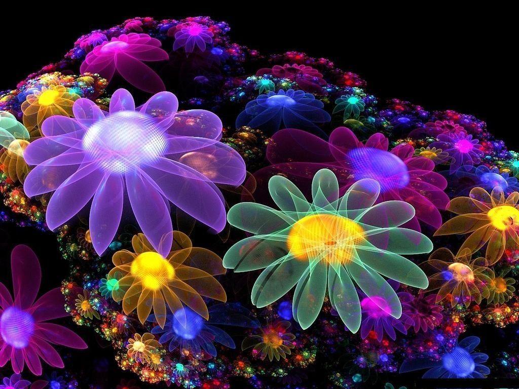 1024x768 Colorful flowers designs 3D wallpaper Picture, design, Image 3D wallpaper. Neon flowers, Flower art, Fractal art