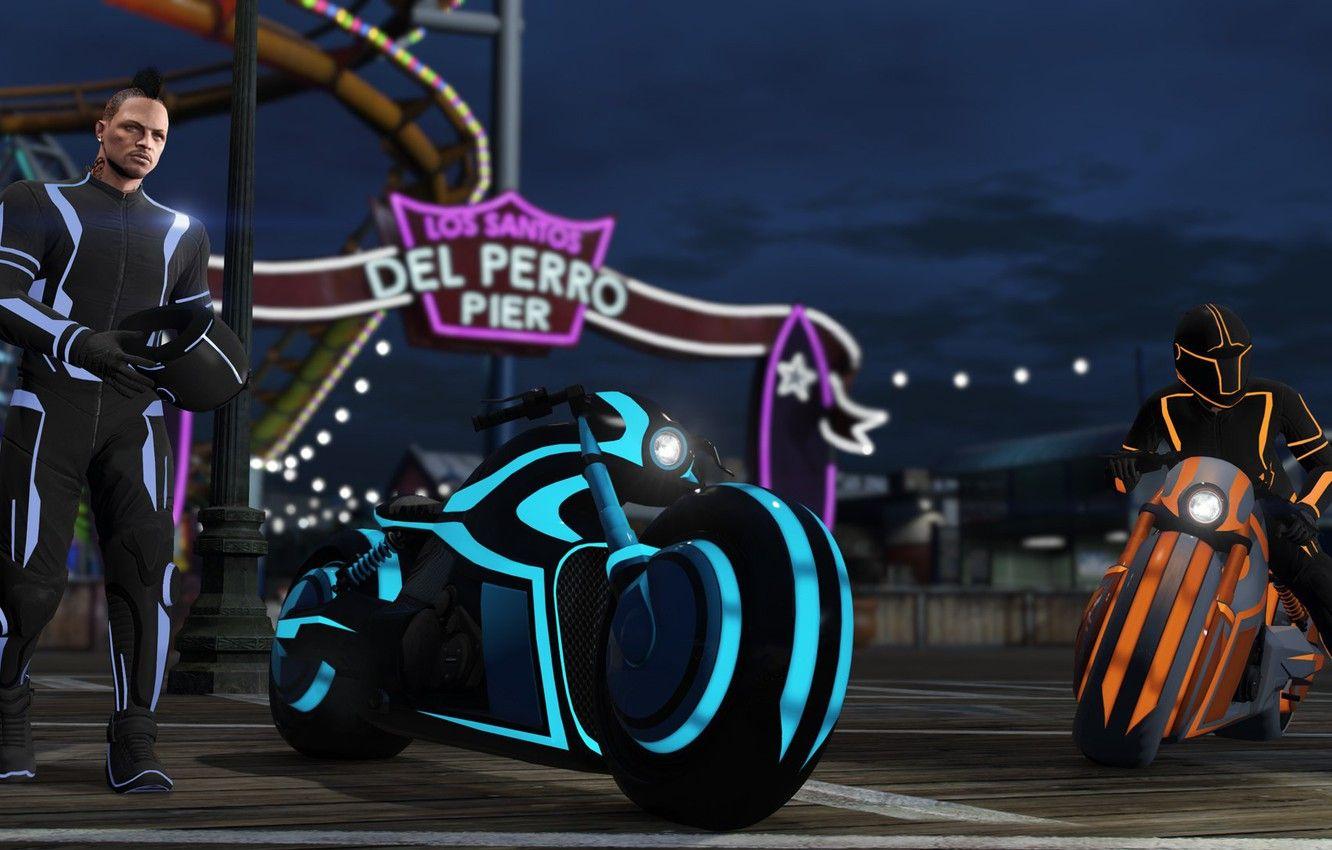 1332x850 Wallpaper game, Online, Tron, GTA, tatoo, gangsta, pier, GTA V, GTA motorbike, Bikers, GTA Online: Bikers, Deadline Mode image for desktop, section игры
