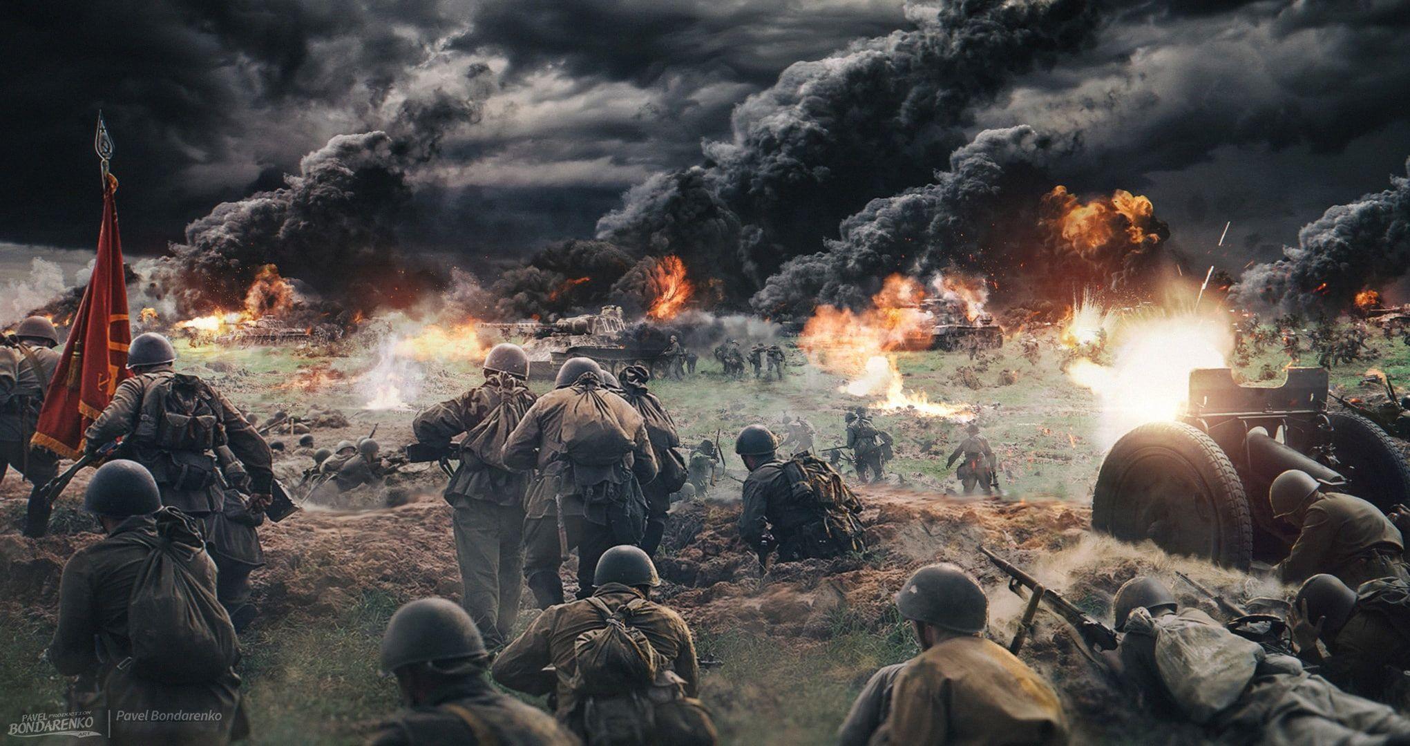2041x1080 World War II, war, artwork, Pavel Bondarenko, explosion, HD