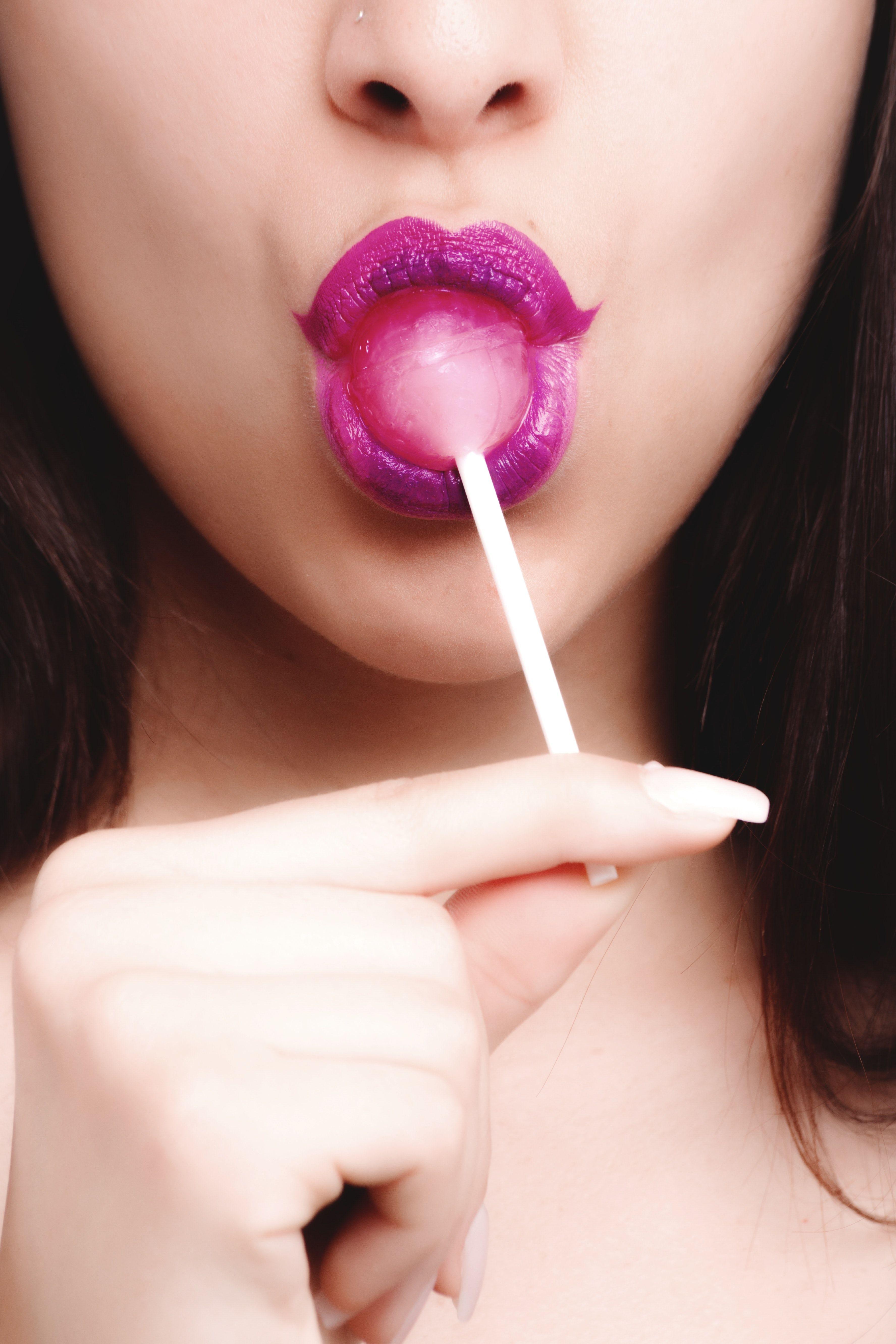 3551x5327 Woman With Pink Lipstick Licking Strawberry Lollipop · Free Stock