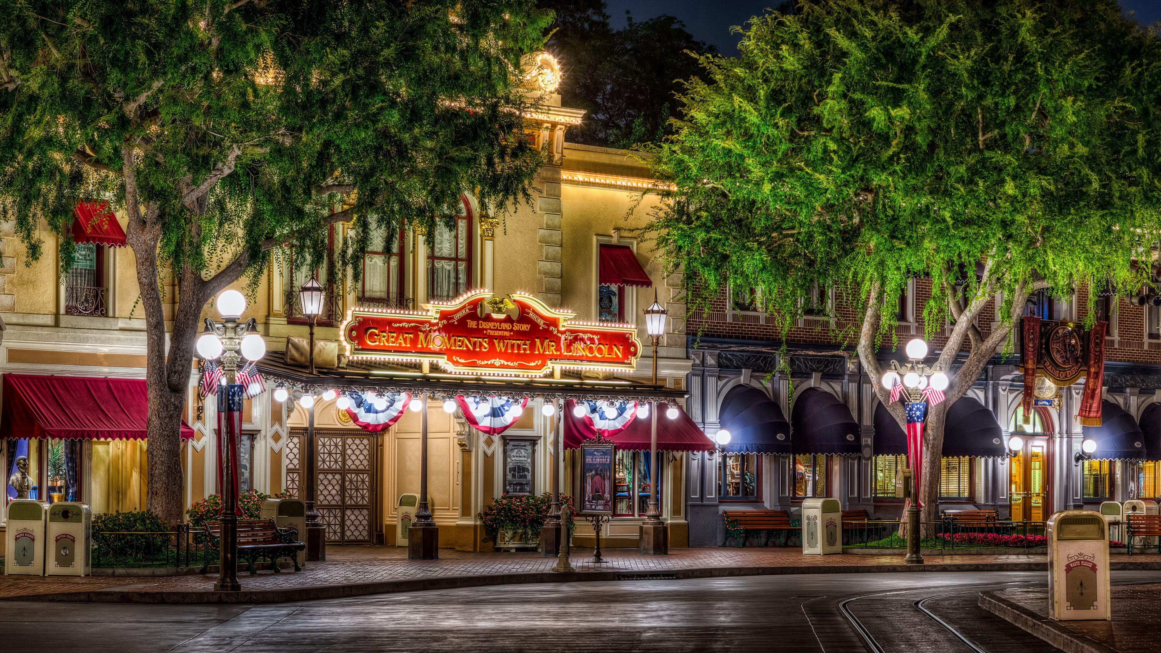 3840x2160 Wallpaper Disneyland, city, street, trees, night, lights, USA