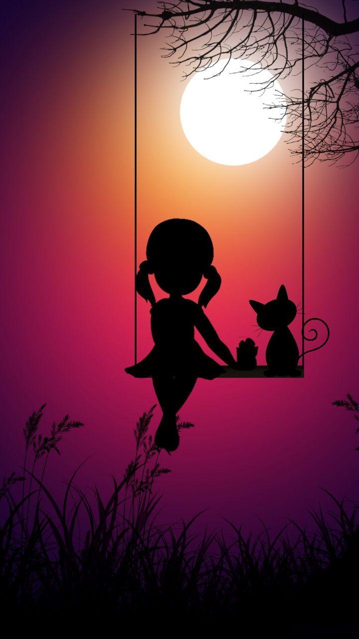 720x1280 Kid girl and cat, swing, moon light, digital art, 720x1280