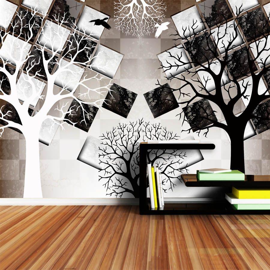 900x900 Shinehome Large 3D Mural Black White Tree Brick Wallpaper