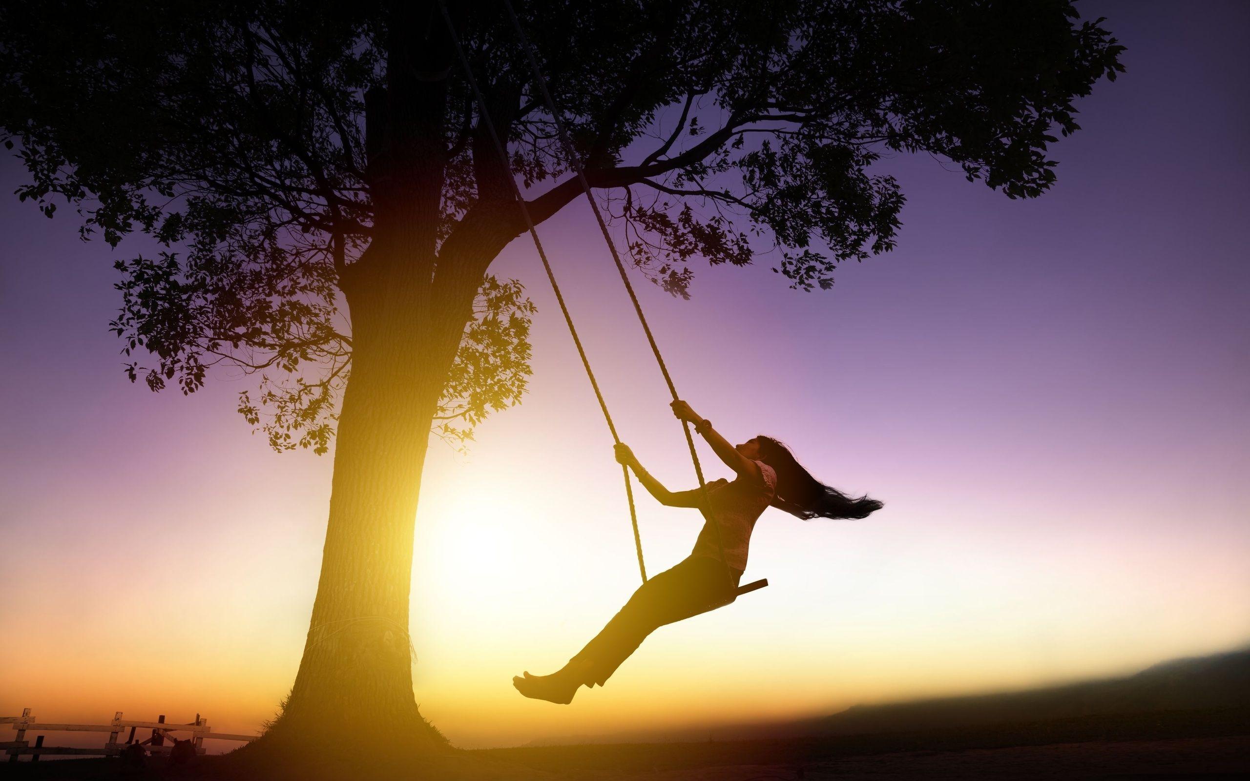 2560x1600 Mood silhouette girl sunset swing wallpaperx1600