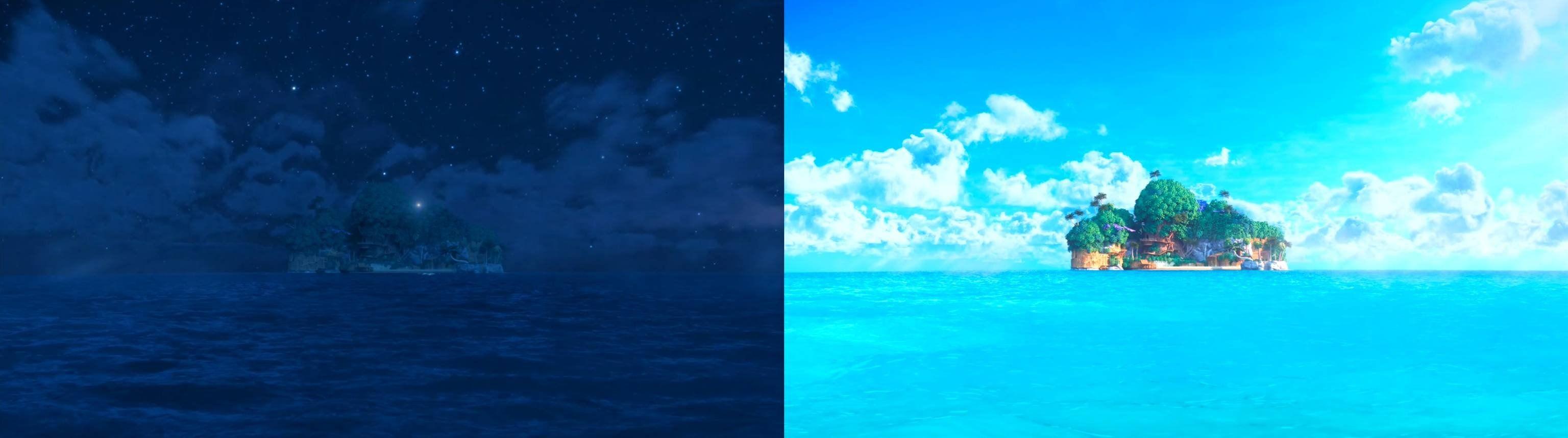 3072x859 Destiny Islands Night Day Dual Monitor Wallpaper