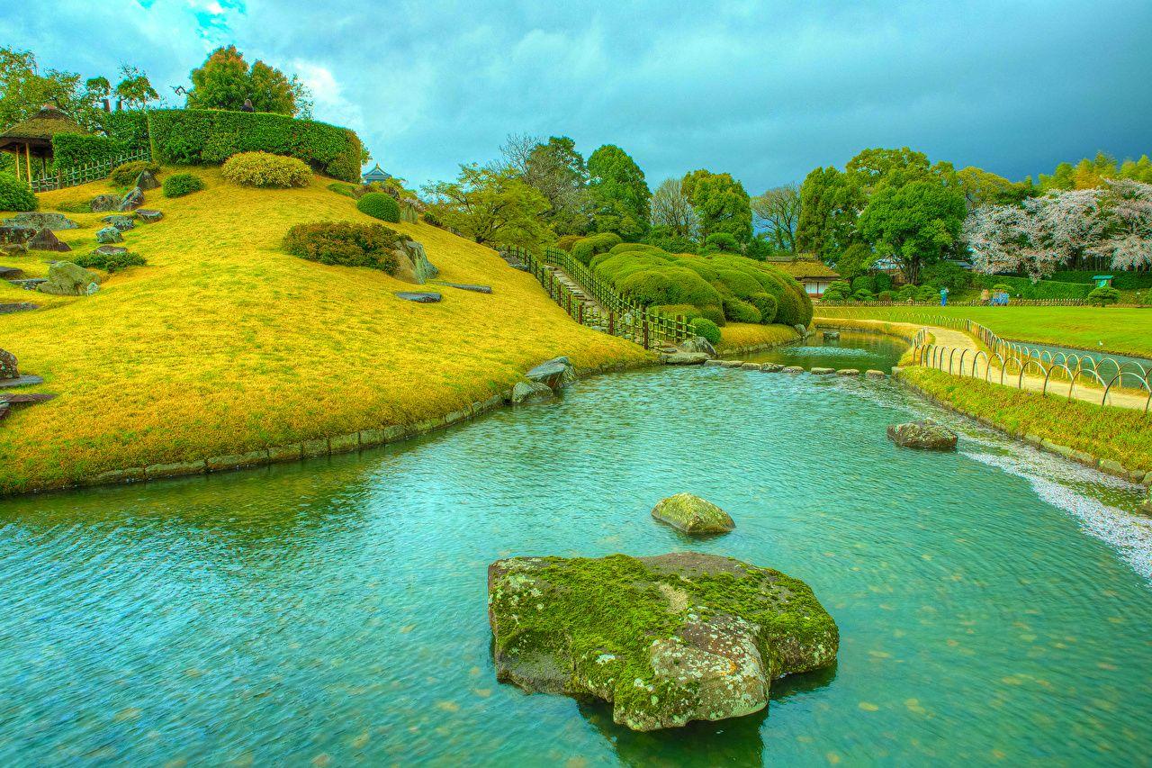 1280x853 Wallpaper Japan Okayama Korakuen HDR Canal Nature park Moss Stones