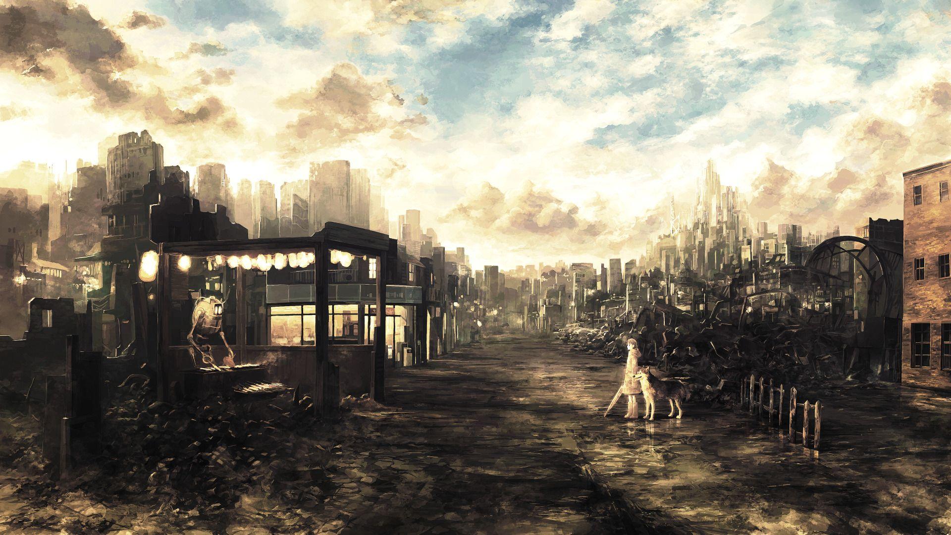 1920x1080 city, Fantasy Art, Anime Girls, Wasteland, Ruin, Apocalyptic, Dog
