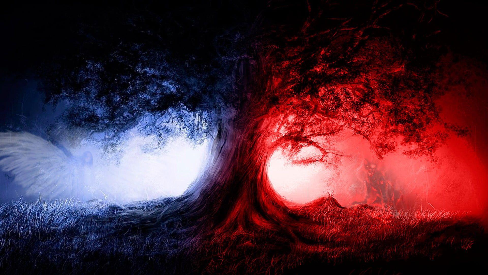 1920x1080 Angel and devil hugging each other digital wallpaper HD wallpaper