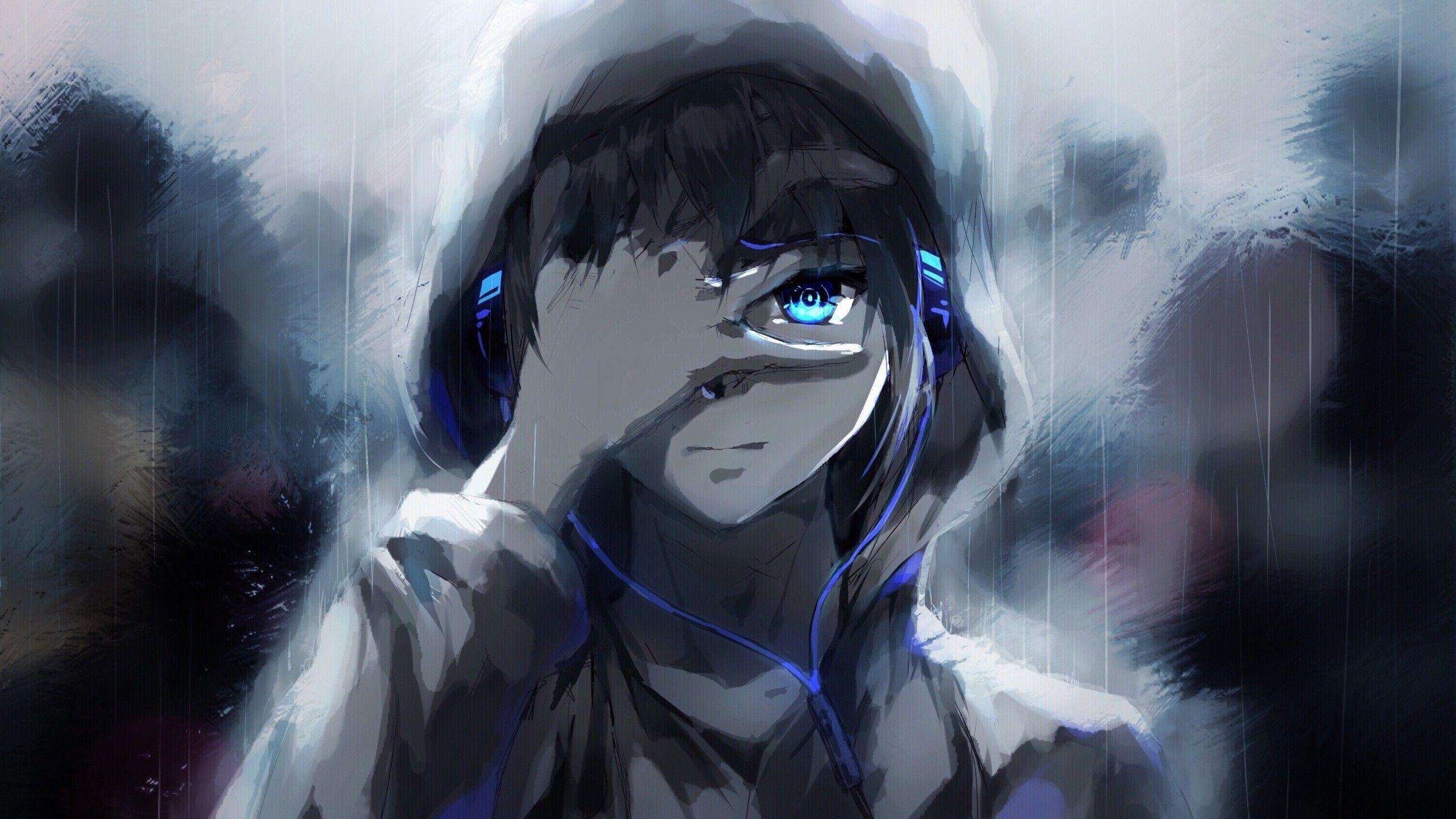 2560x1440 anime boy, áo hoodie, mắt xanh, tai nghe, bức vẽ