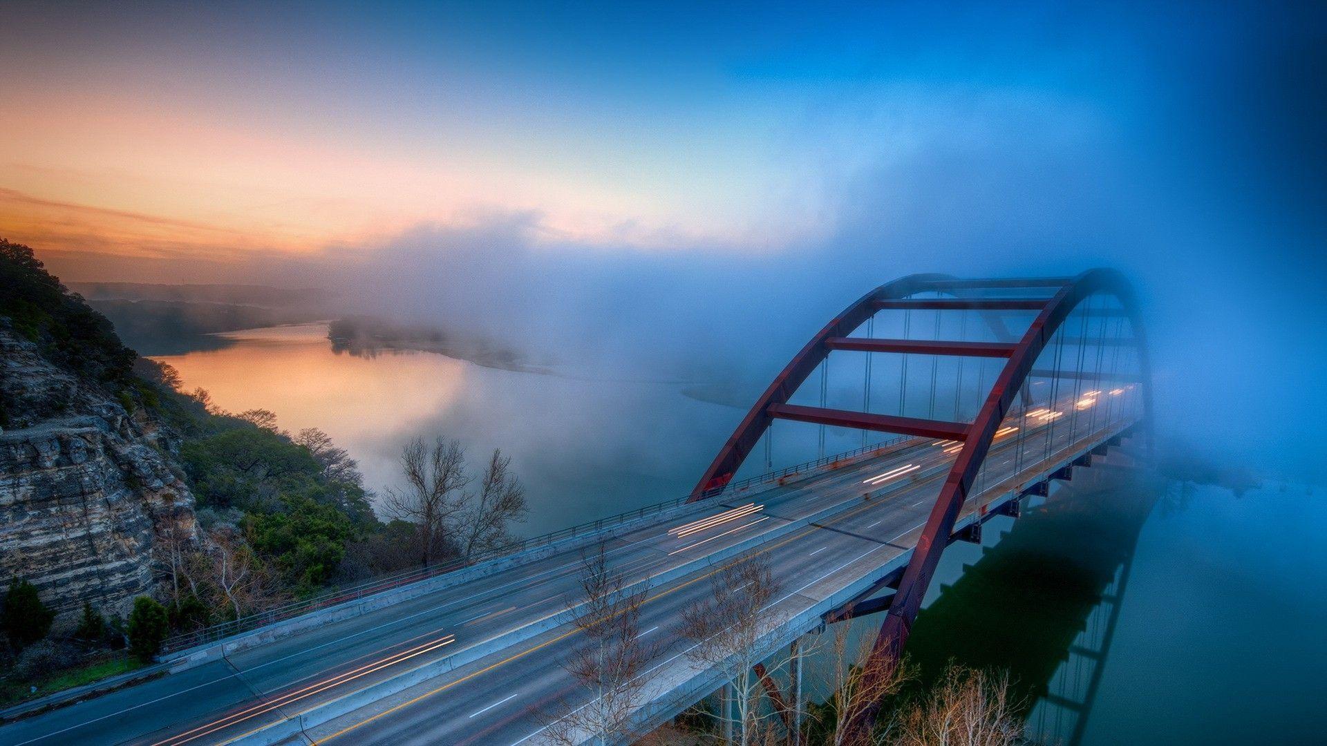 1920x1080 General 1920x1080 mist long exposure river Headlights Pennybacker