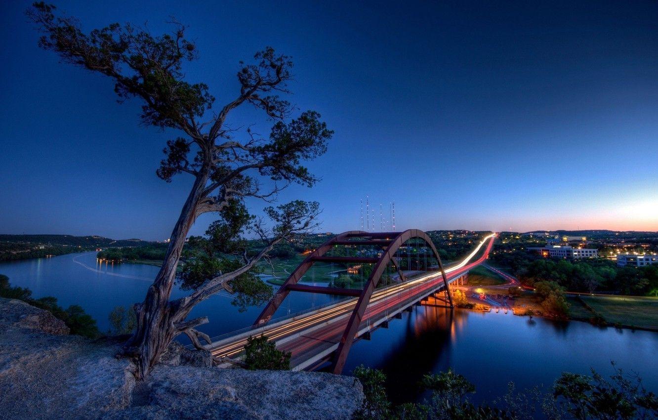 1332x850 Wallpaper landscape, sunset, bridge, river, tree, the evening, USA