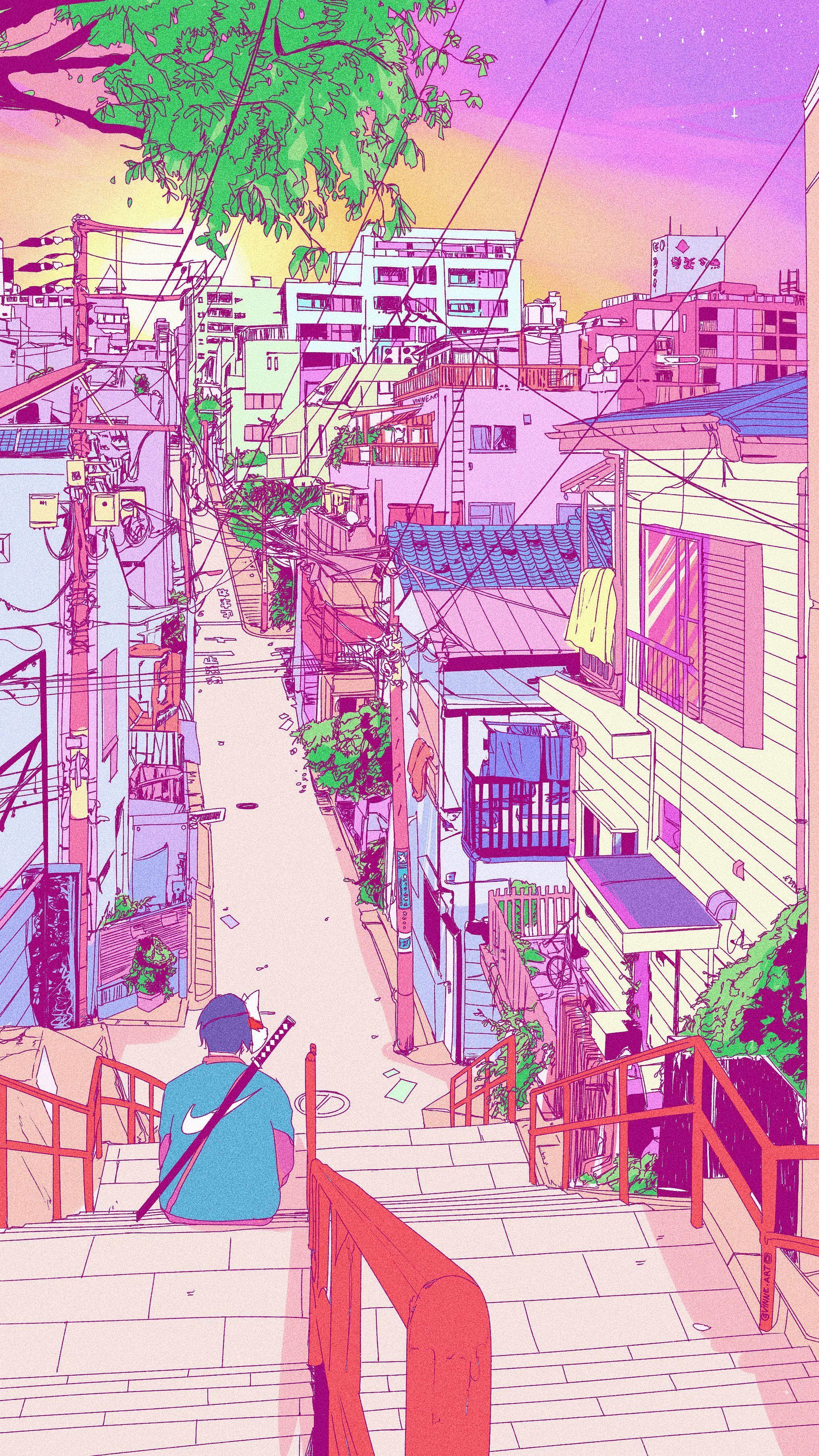 aesthetic anime retro wallpapers japan pastel drawing vaporwave vinne collage fond backgrounds computer manga dessin scenery hmmm ecran parede papel