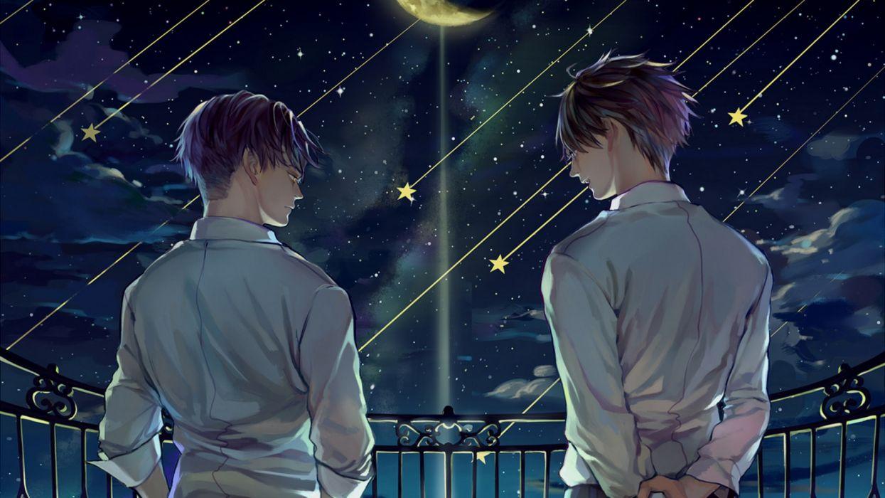 1245x700 Levi Eren Yeager night sky with shooting stars from anime Shingeki