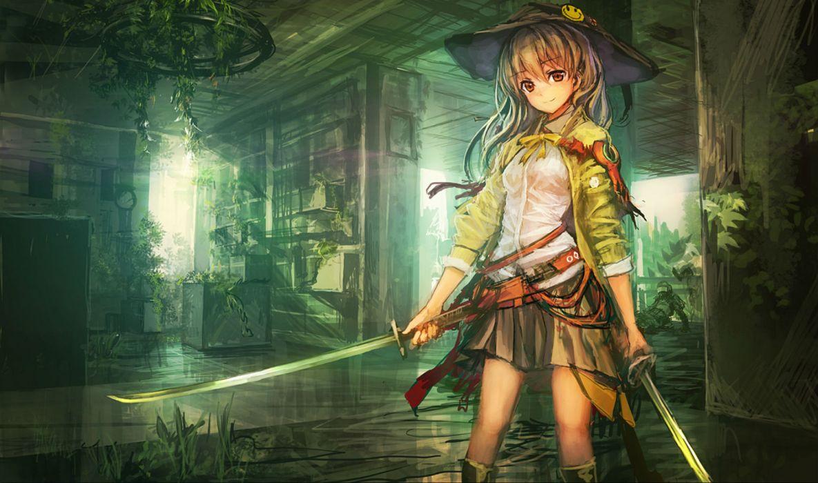 1185x700 Original Anime girl kawai hat cool sword cute weapon wallpaperx920