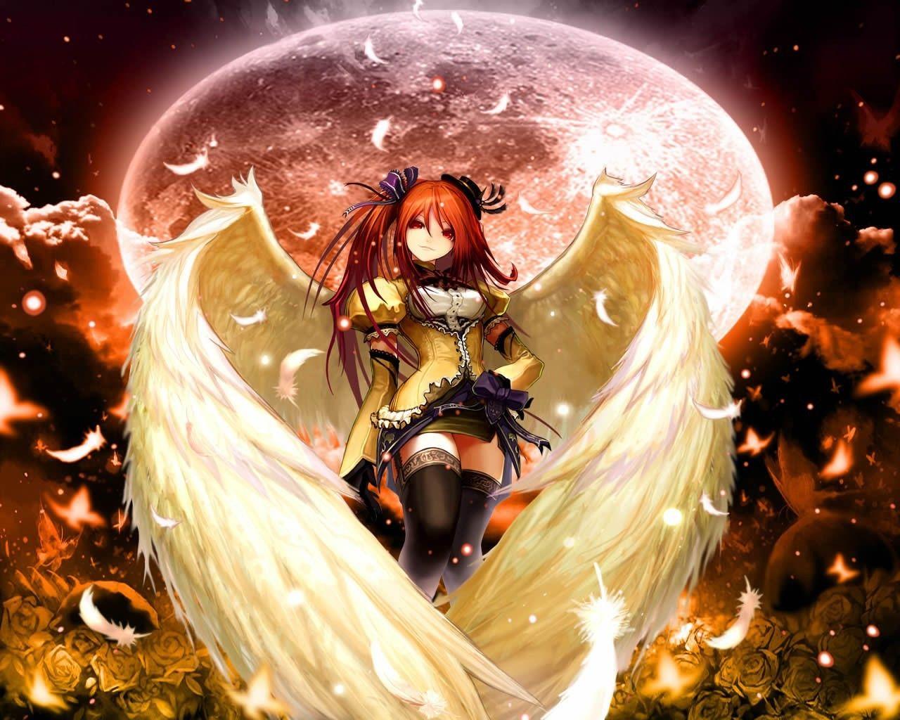 1280x1024 anime, Wings, Original Characters, Thigh highs Wallpaper HD