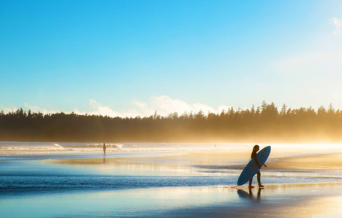1332x850 Wallpaper waves, girl, forest, sky, trees, sea, landscape, Beach