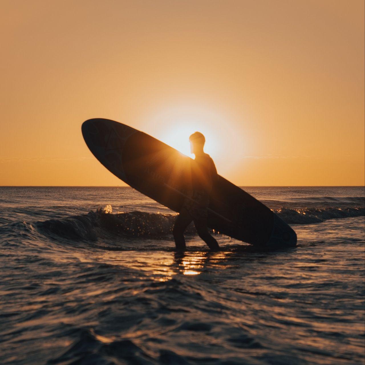 1280x1280 Download wallpaper 1280x1280 surfing, surfer, silhouette, sunset