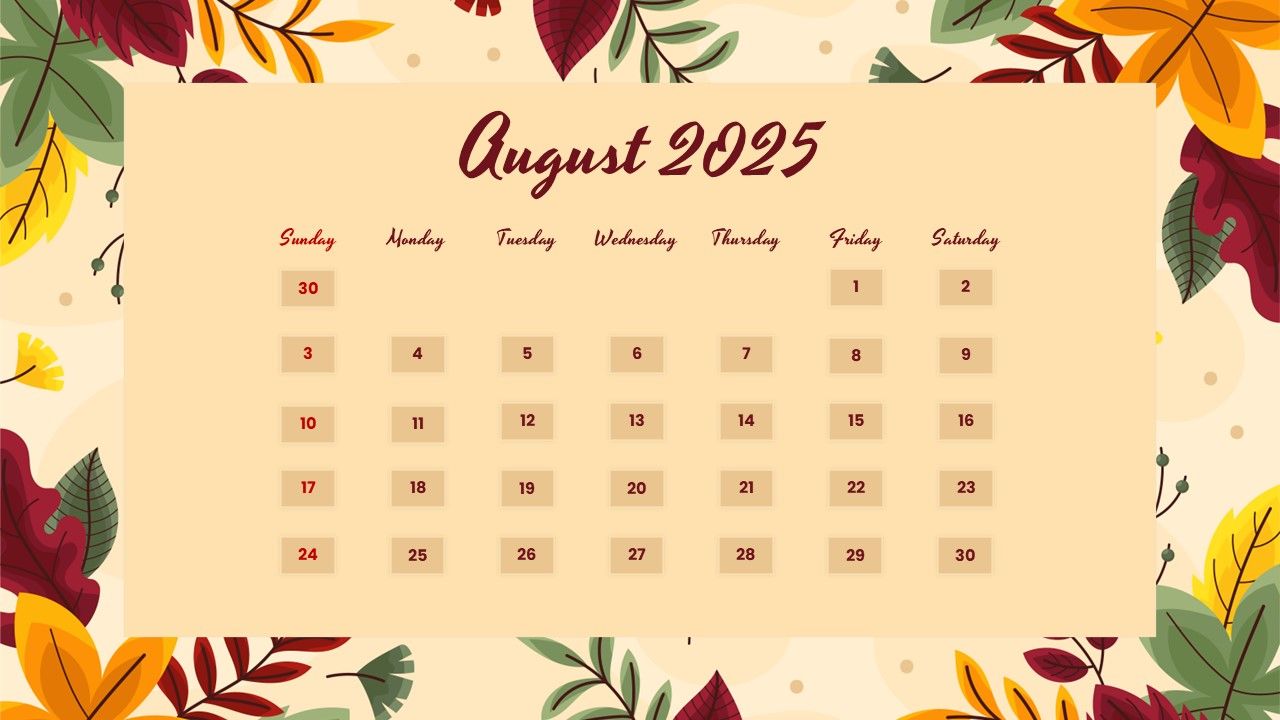 1280x720 August 2025 Calendar