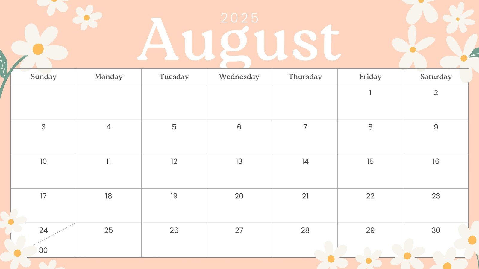 1600x900 Free printable August 2025 calendar templates