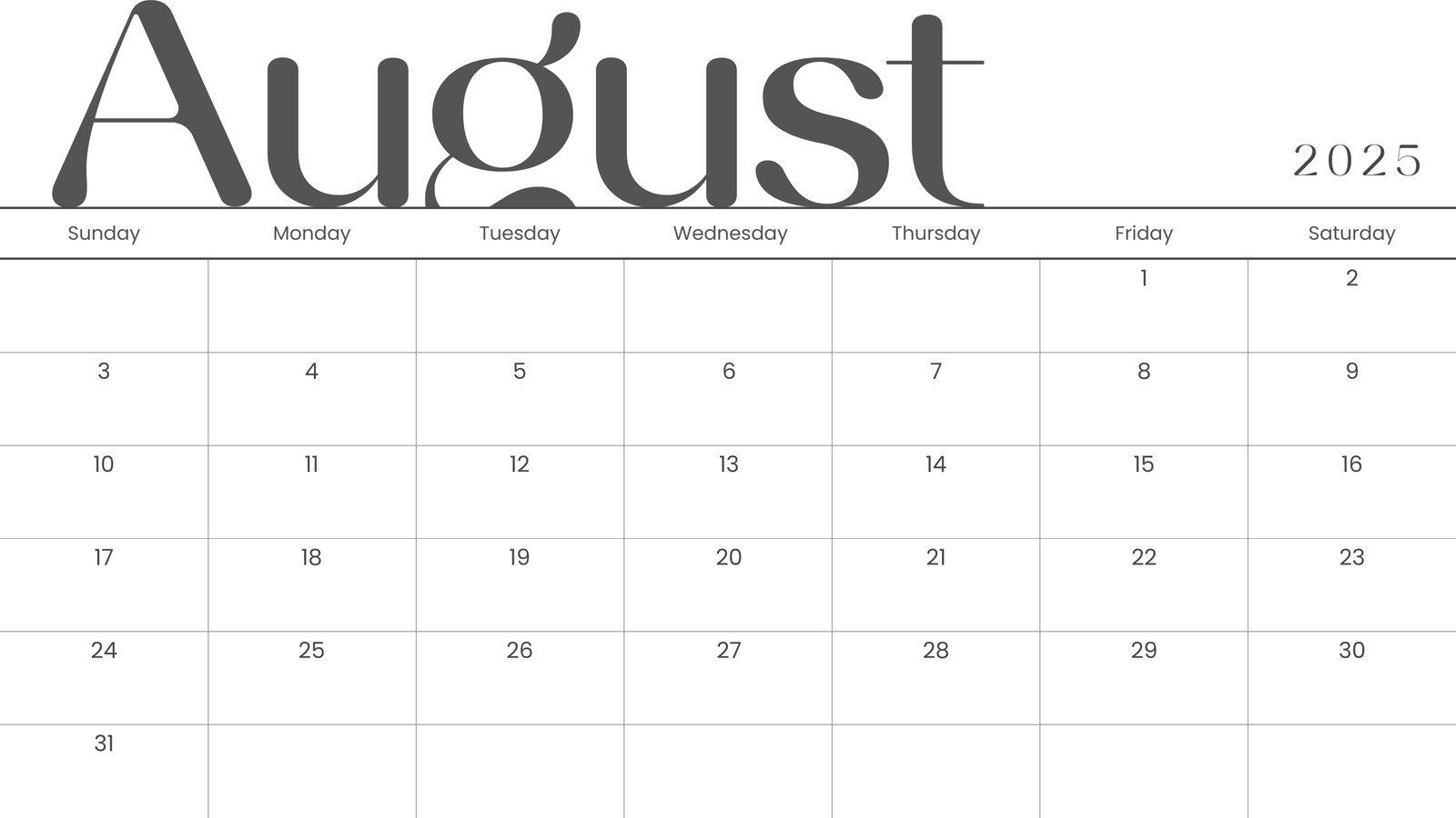 1600x900 Free printable August 2025 calendar templates