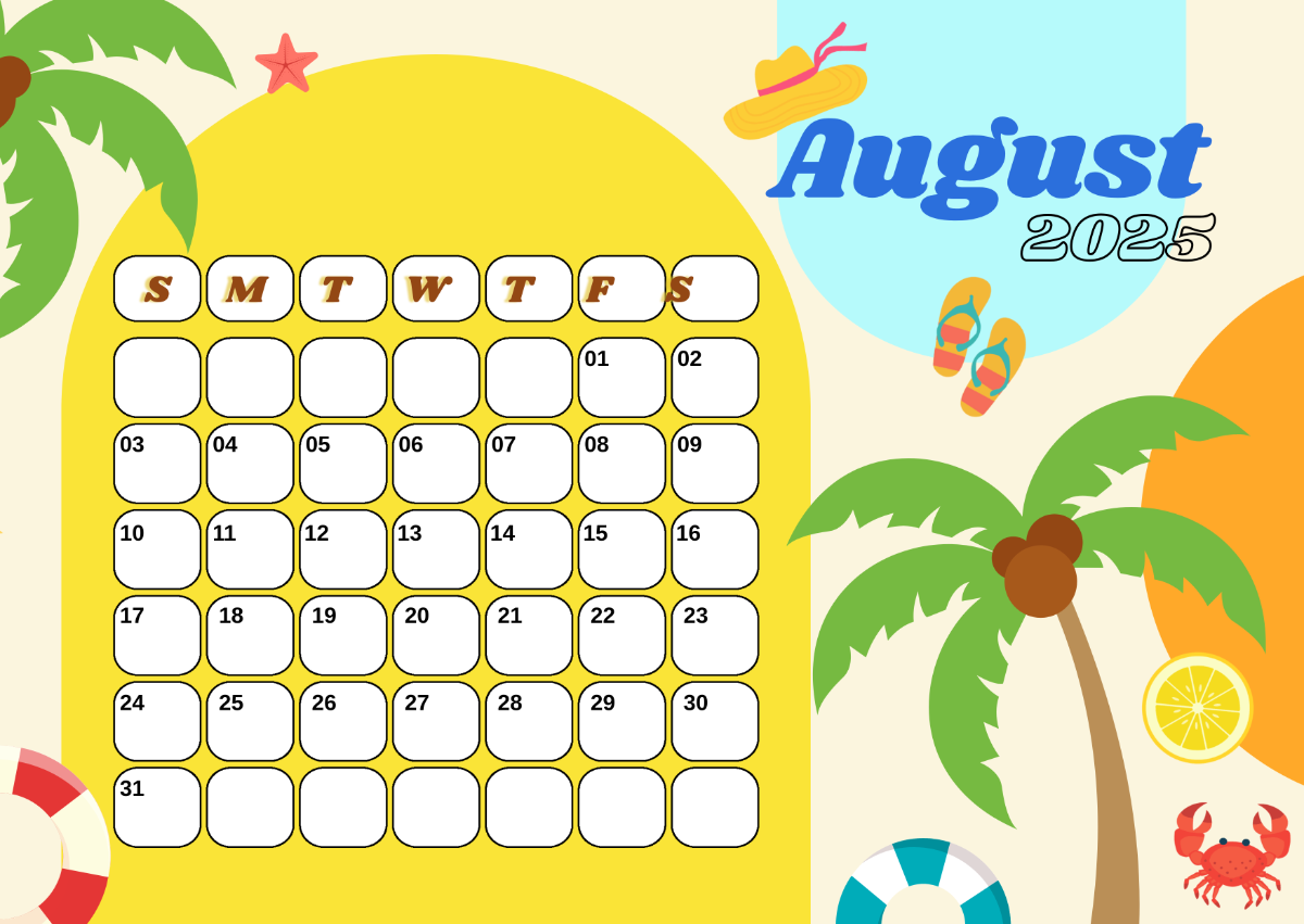 1200x851 Free Summer Background August 2025 Calendar Template to Edit Online